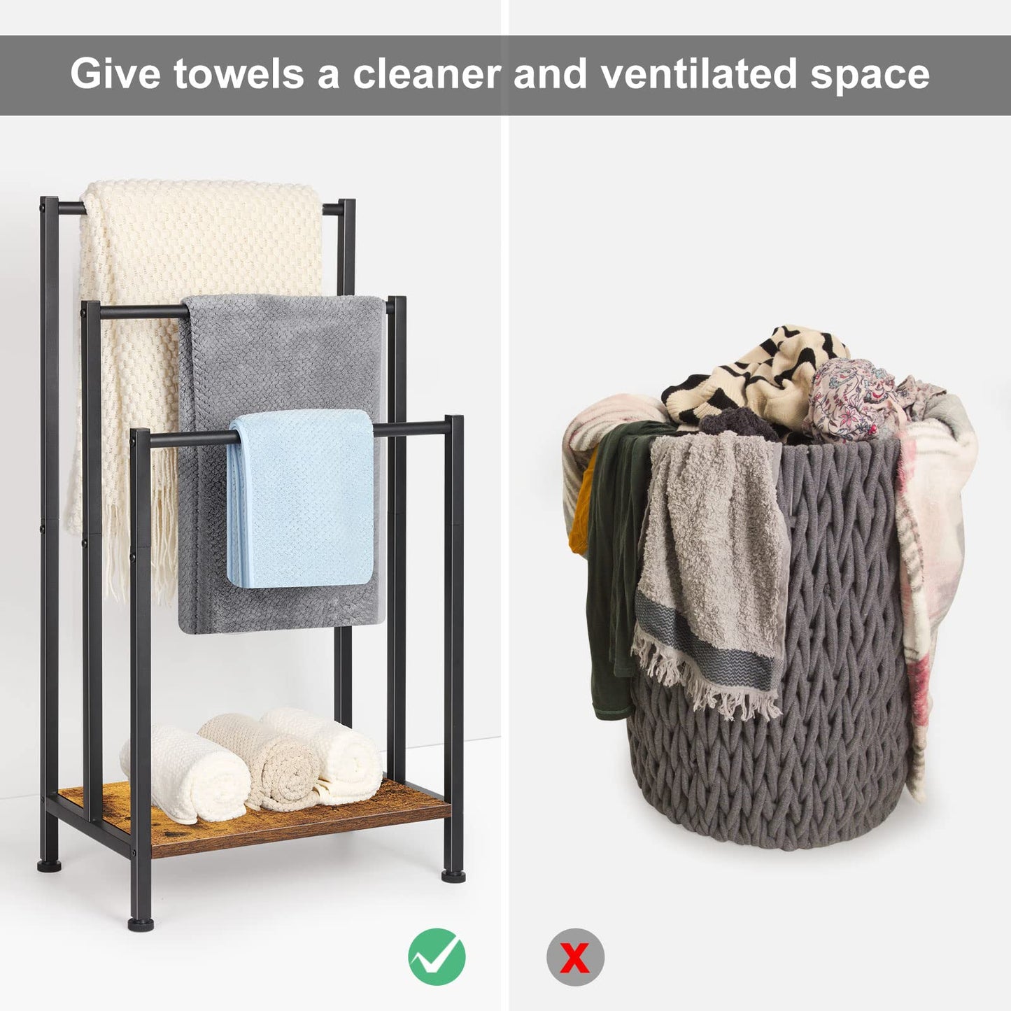 3 Tier Metal Towel Rack Blanket Rack Stand for Bedroom Standing Towel Rack Black Bath Towel Holder Stand (Brown)