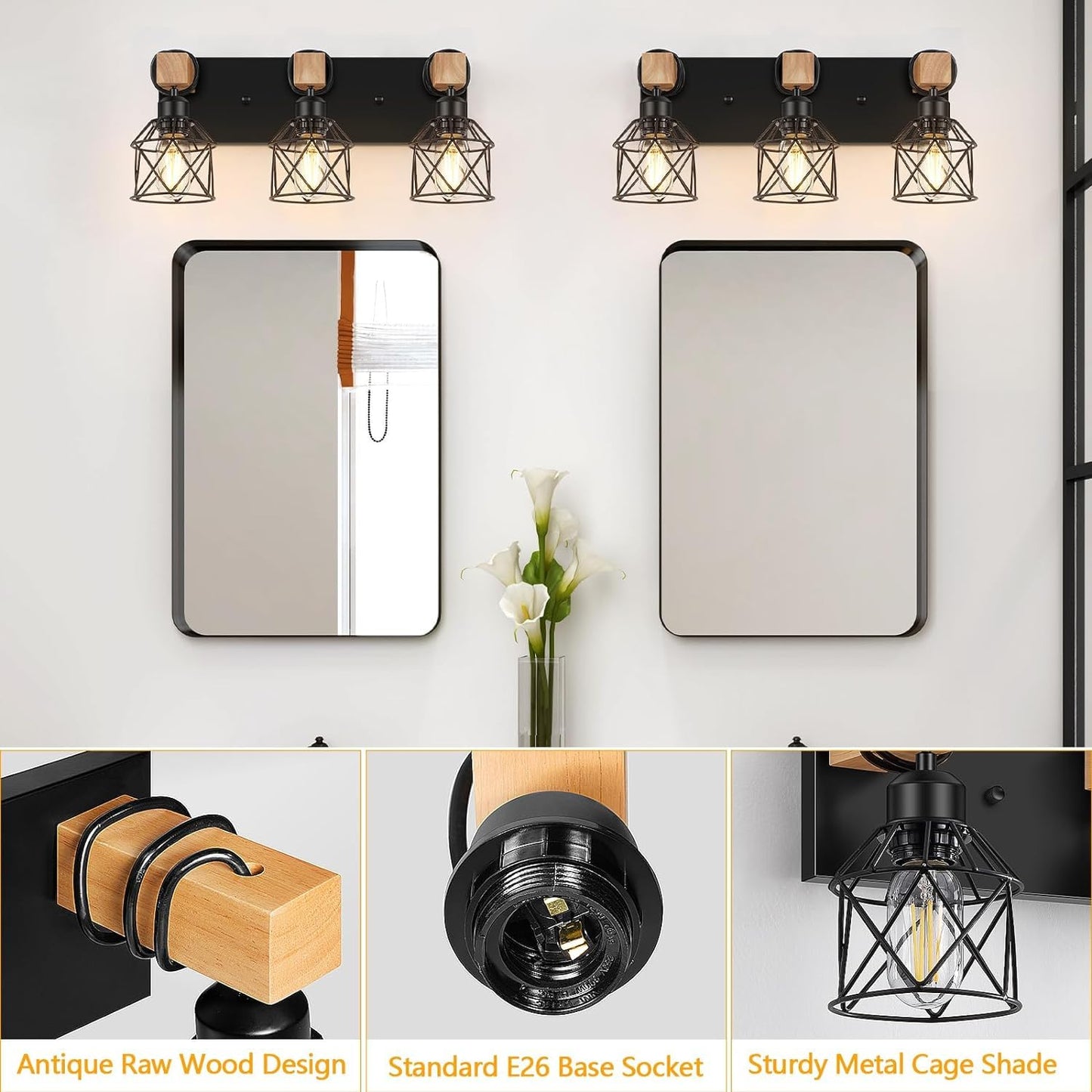 3-Light Wood Bathroom Vanity Light Fixtures Over Mirror,Wood Bathroom Vanity Lights for Bathroom, Industrial Black Vanity Light with Metal Lampshade for Bedroom Hallway Living Room