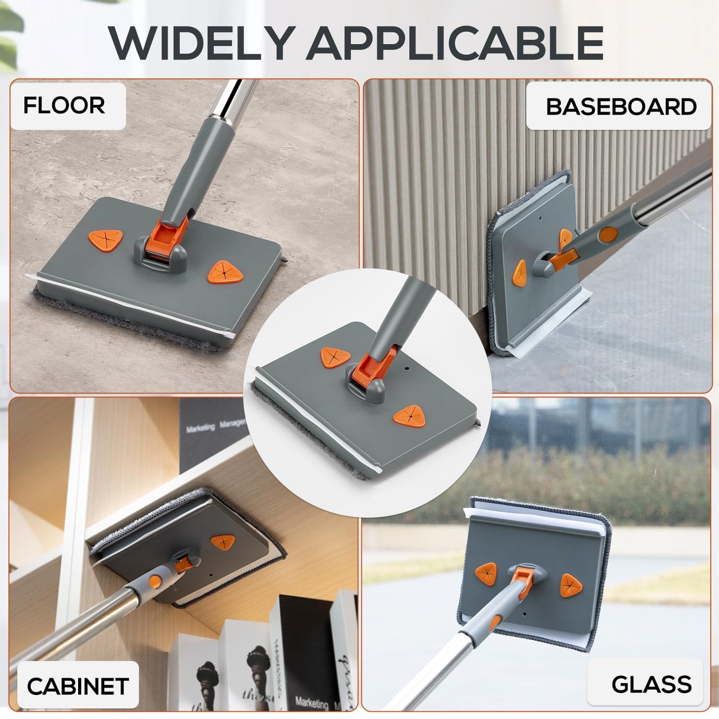 Feeloco Baseboard Cleaner Tool with Handle,360°Rotating Wall Cleaner Mop,180° Folding Ceiling Tool Duster with Squeegee for Cleaning Baseboard,Wall,Ceiling,Window,Floor,8 Replacement Cleaning Pads