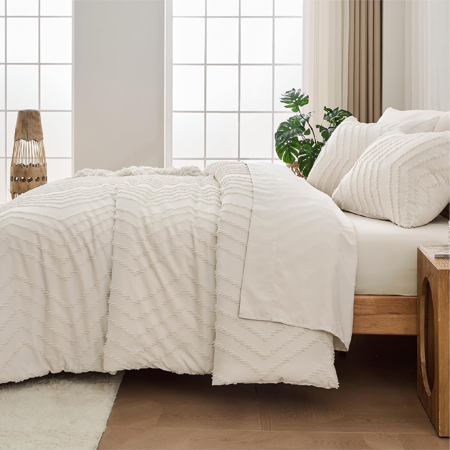 Andency Comforter Queen Size with Sheets Beige，7 Pieces Bed in a Bag Queen Cream Chevron Boho Soft Warm Tufted Neutral Bedding Sets with Comforter, Sheets, Pillowcases & Shams