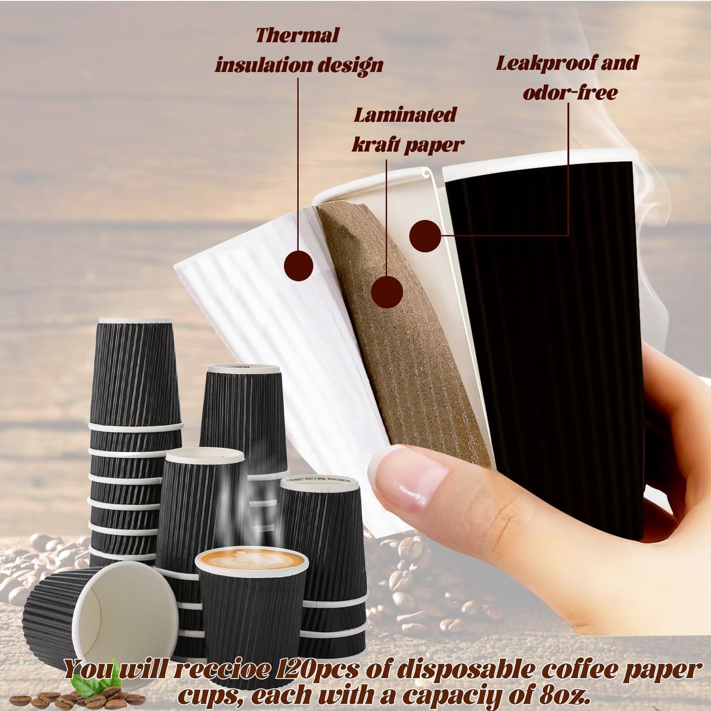 TINSKY 120 Pack 8 oz Disposable Coffee Cups, Insulated Corrugated Black Paper Cups, Kraft Ripple Wall Paper 8 oz Espresso Cups for Hot Beverage or Cold Drinks