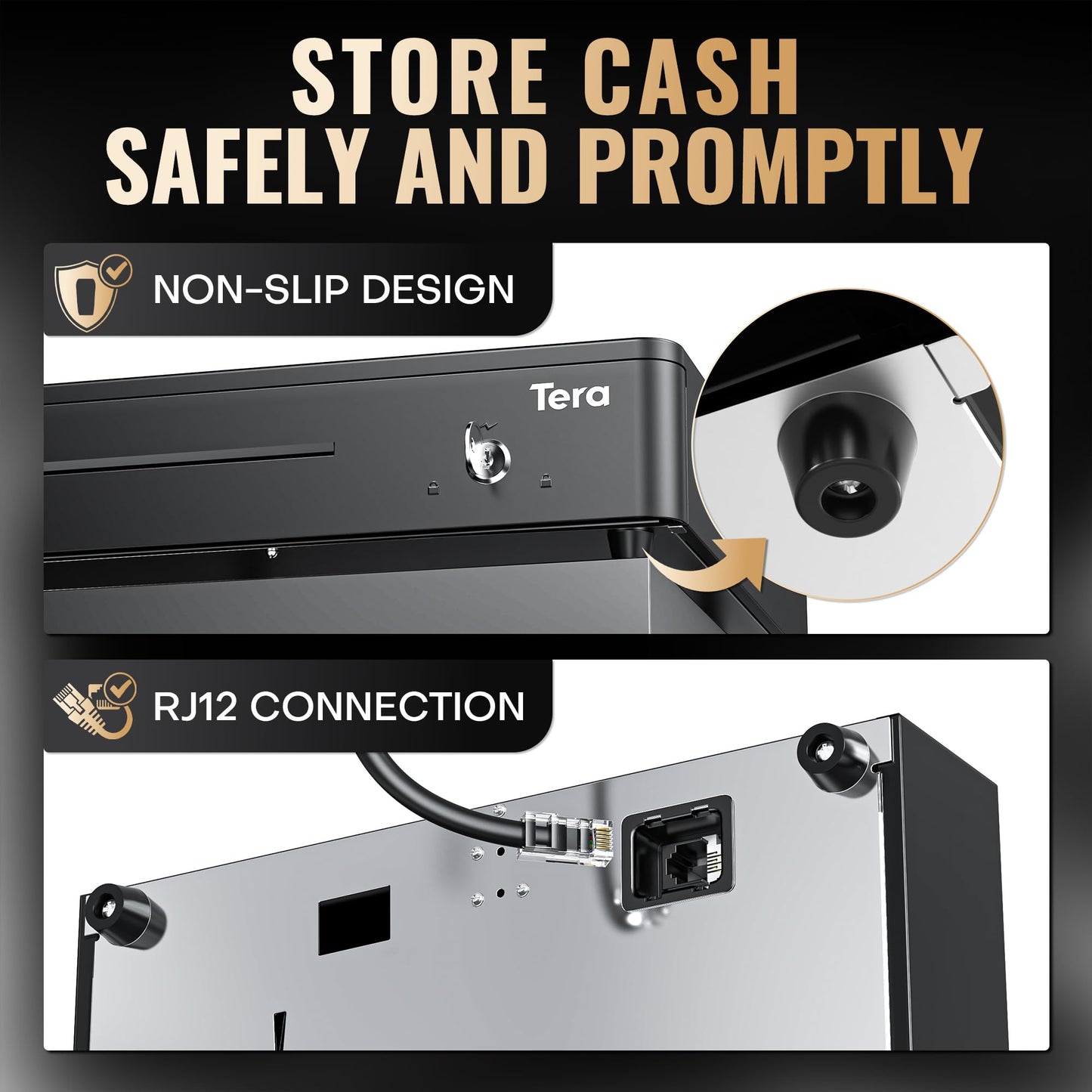 Tera 13" Auto Open Cash Register Drawer Heavy Duty with Fully Removable Insert Tray 5 Keys 4 Bill 6 Coin Media Slot 24V RJ12 Key-Lock (Round Corner) for Point of Sale (POS) System Small Business 330R