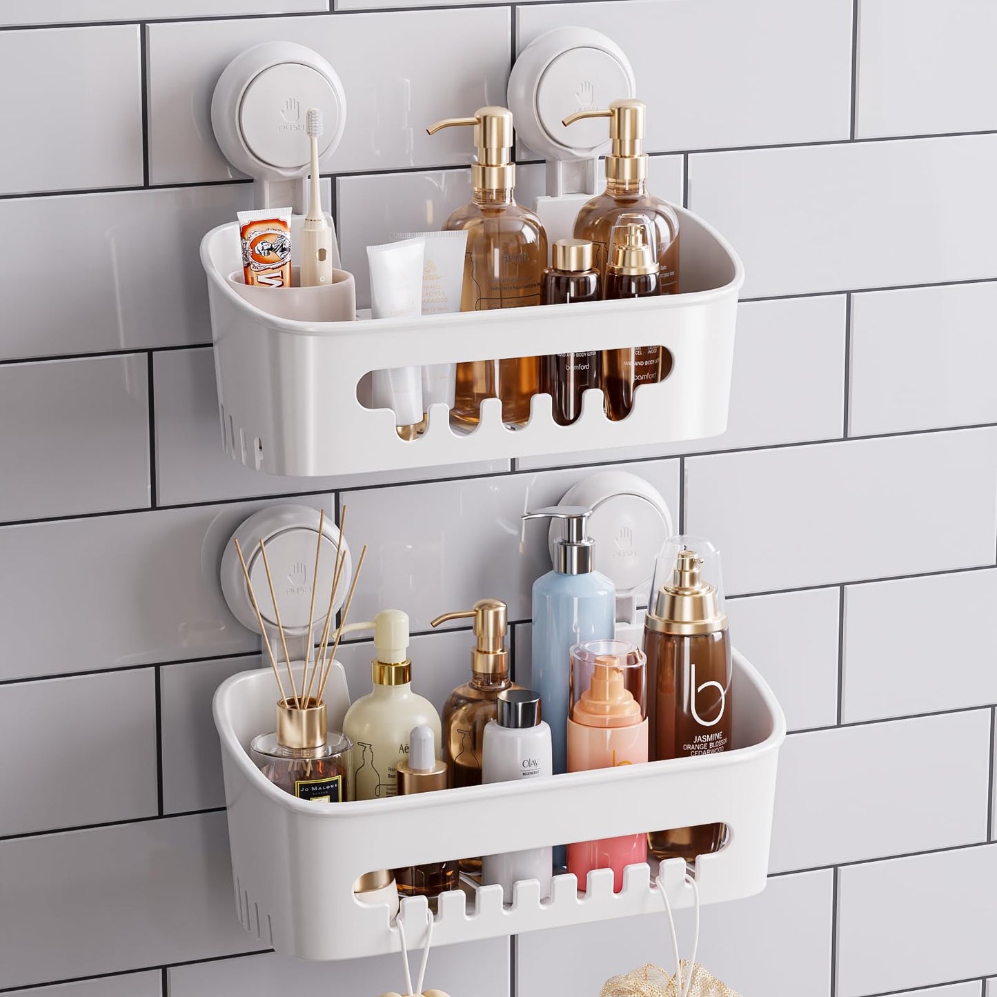TAILI Suction Shower Caddy 2 Pack, Bathroom Shower Basket Wall Mounted Organizer Shelf for Shampoo, Body Wash, Conditioner, Plastic Shower Rack for Kitchen & Bathroom, Drill-Free Removable, Two Sizes