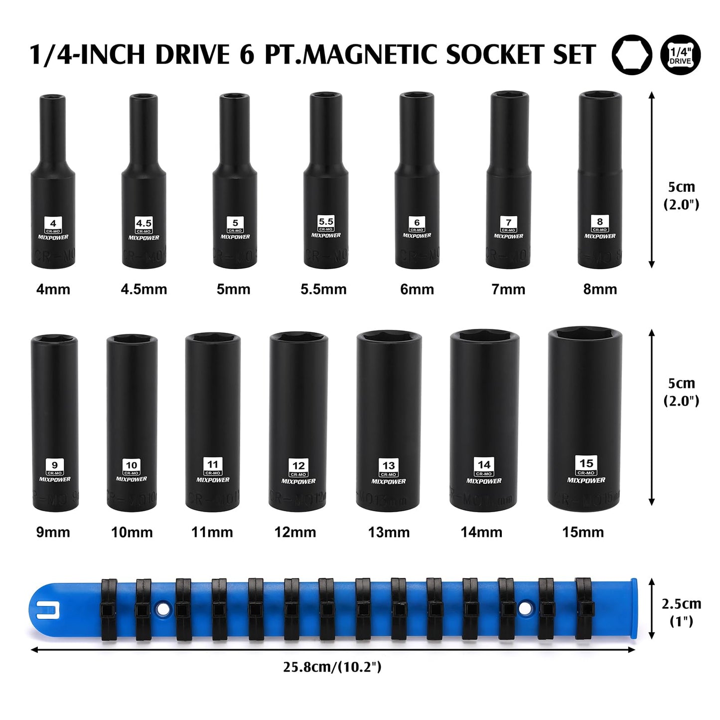 MIXPOWER 1/4" Drive Deep Magnetic Impact Socket Set with Storage Rails, 14-Piece, 6 Point, 4-15mm, Metric, CR-MO