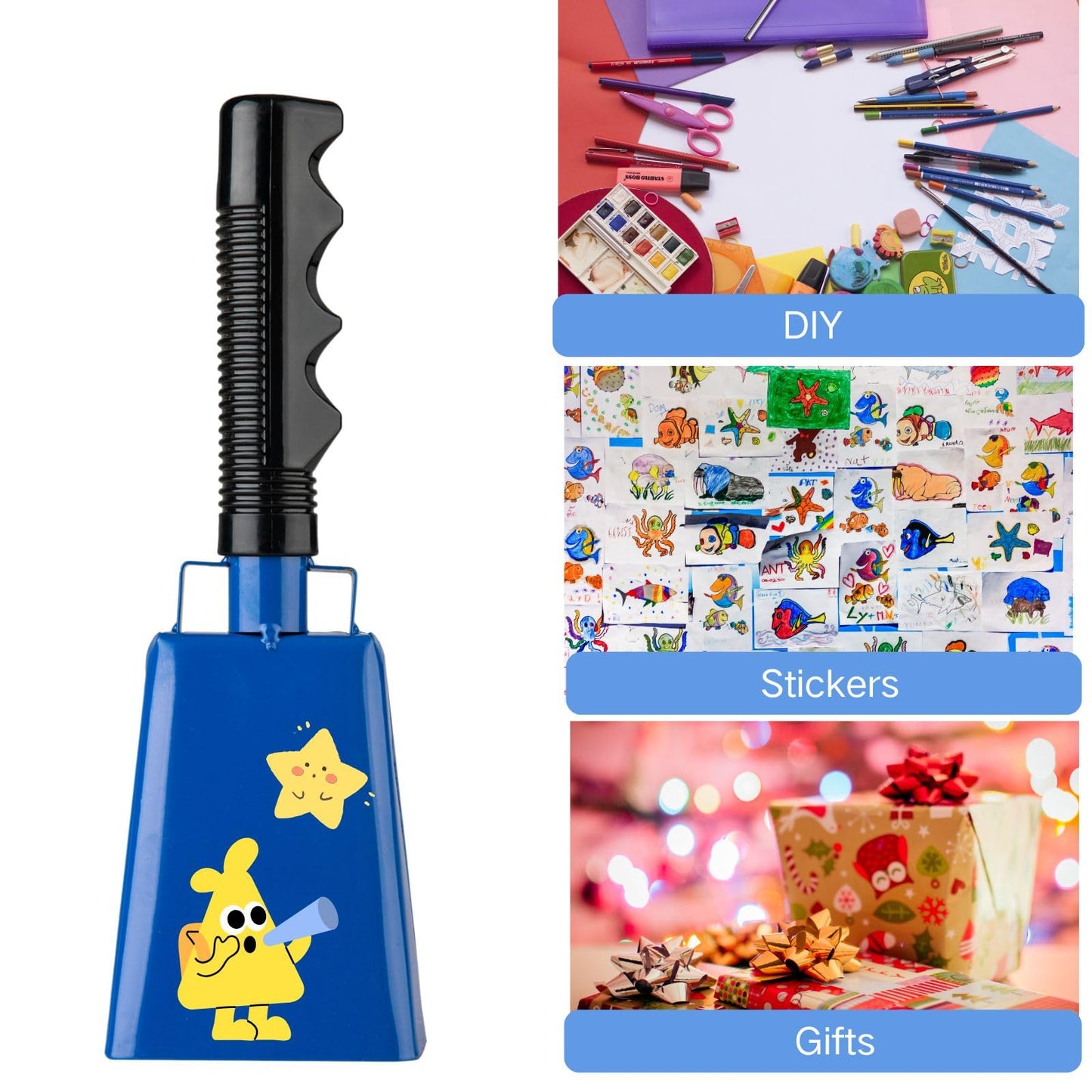 Cow Bell Noise Makers with Handle: Large Cowbells for Sporting Events Hand Percussion Instrument - 8 Inch 2 Pack Loud Cheering Bell for Football Games Graduation Party Farm (Blue)