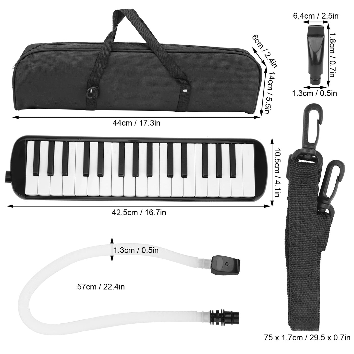 Melodica 32 Key Air Piano Instrument with Double Mouthpiece Tubes Carrying Bag for Beginners Adults Music Education and Practice(Black)