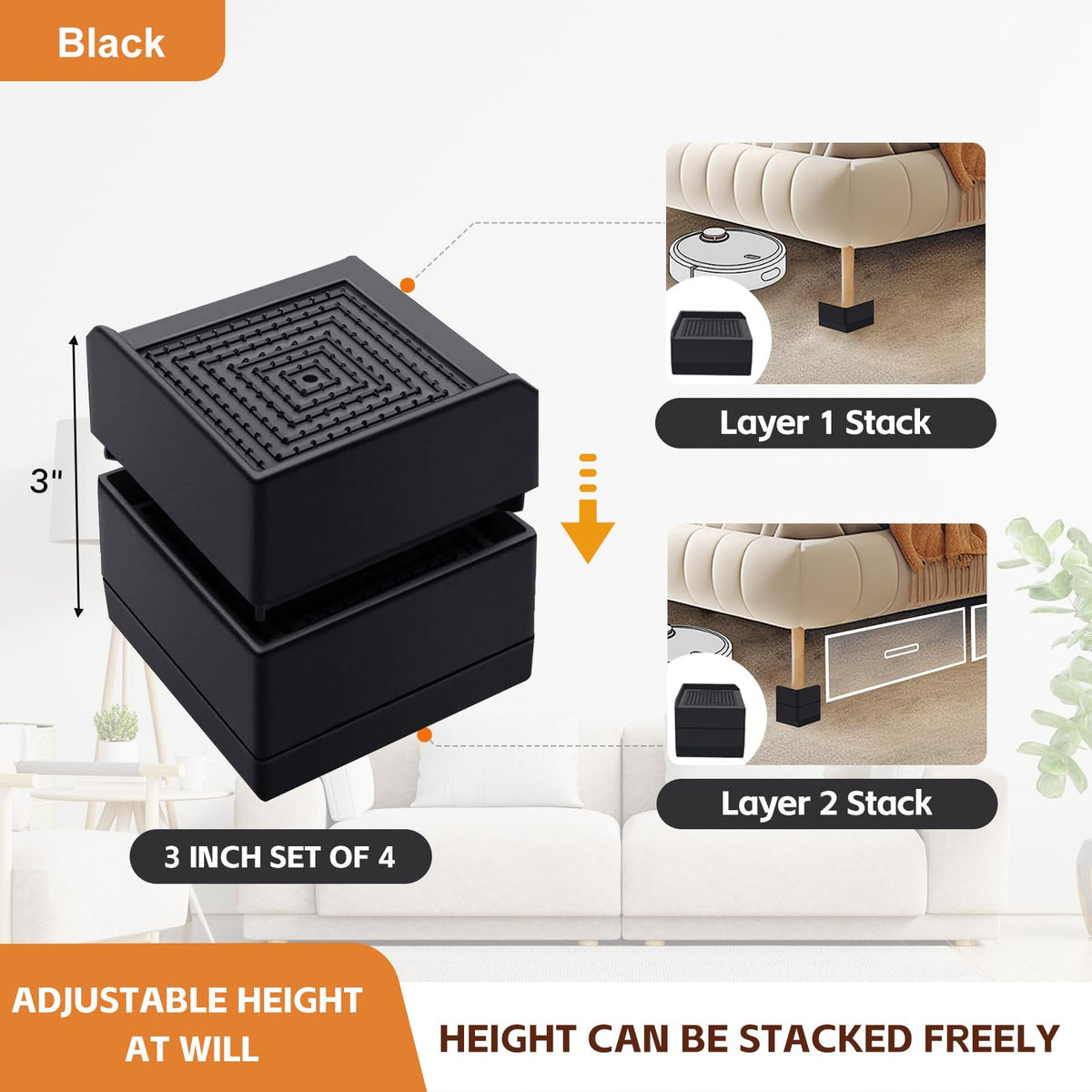 JONHWI Bed Furniture Risers, 3 inch Raise Blocks, Heavy Duty for Bed Couch Desk Lifts, Furniture Legs Lifters Support up to 1300 Lbs (Black, 4 Pack Set)