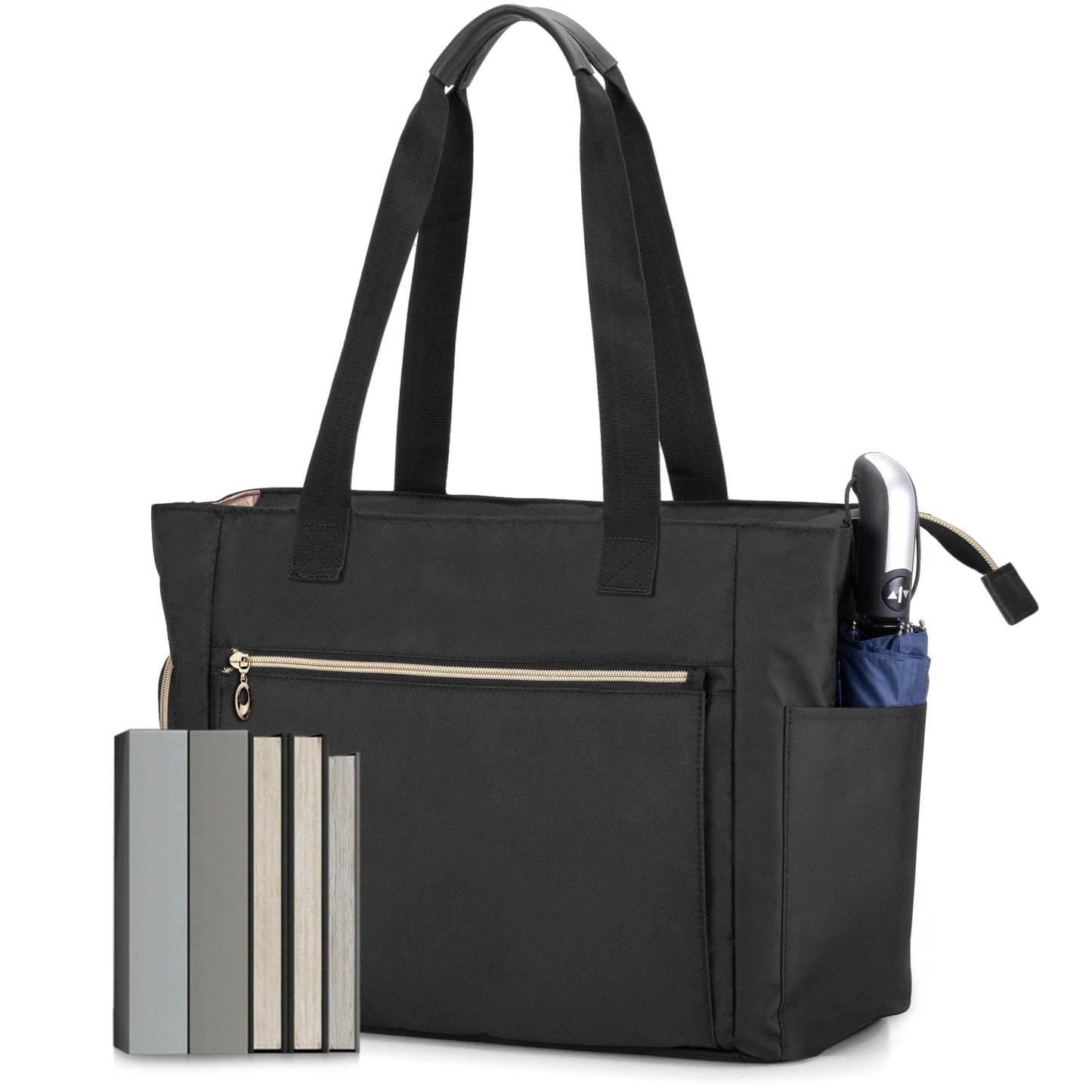 CURMIO Teacher Tote Bag for Women, Portable Teacher Work Bag with Padded Sleeve and Compartments for Laptop, School Supplies, Ideal Gifts for Teachers, Black, Bag Only
