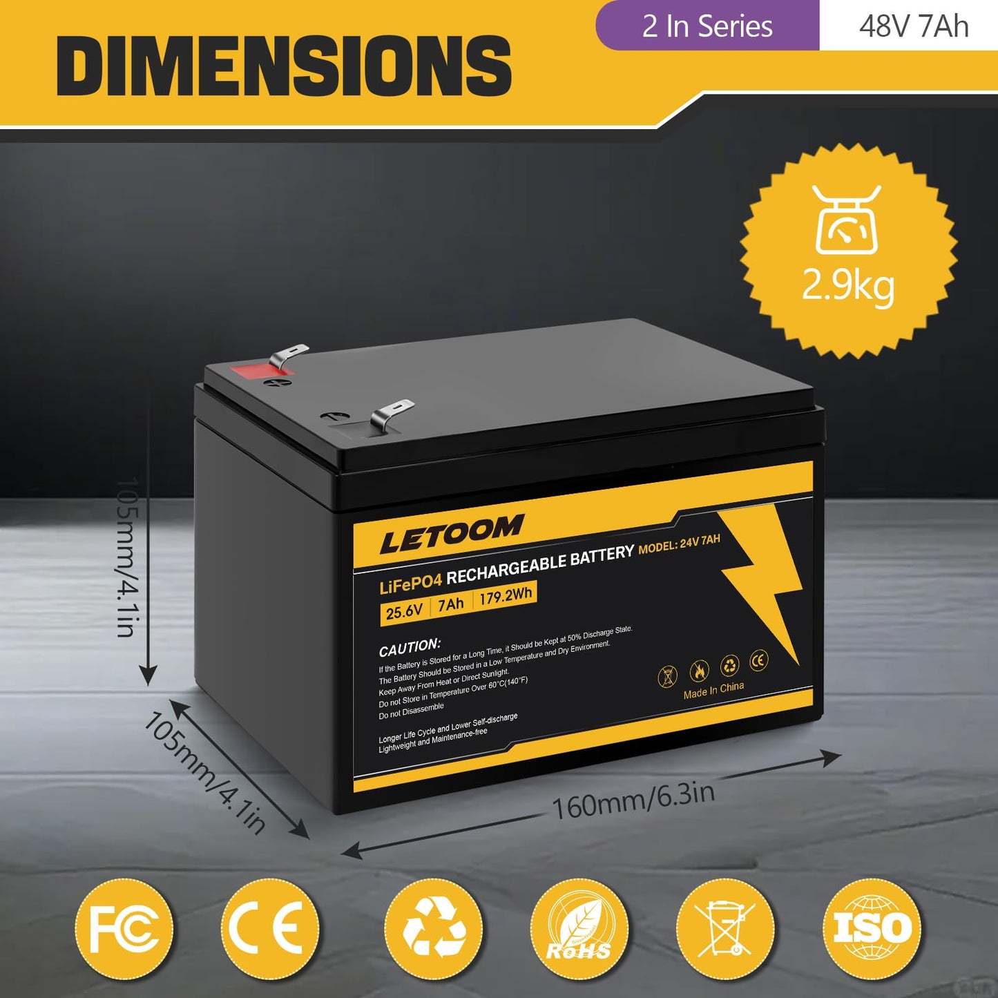 24V 7Ah LiFePO4 Rechargeable Battery LF8011, 25.6V 179.2Wh Deep Cycle Lithium Iron Phosphate Batteries