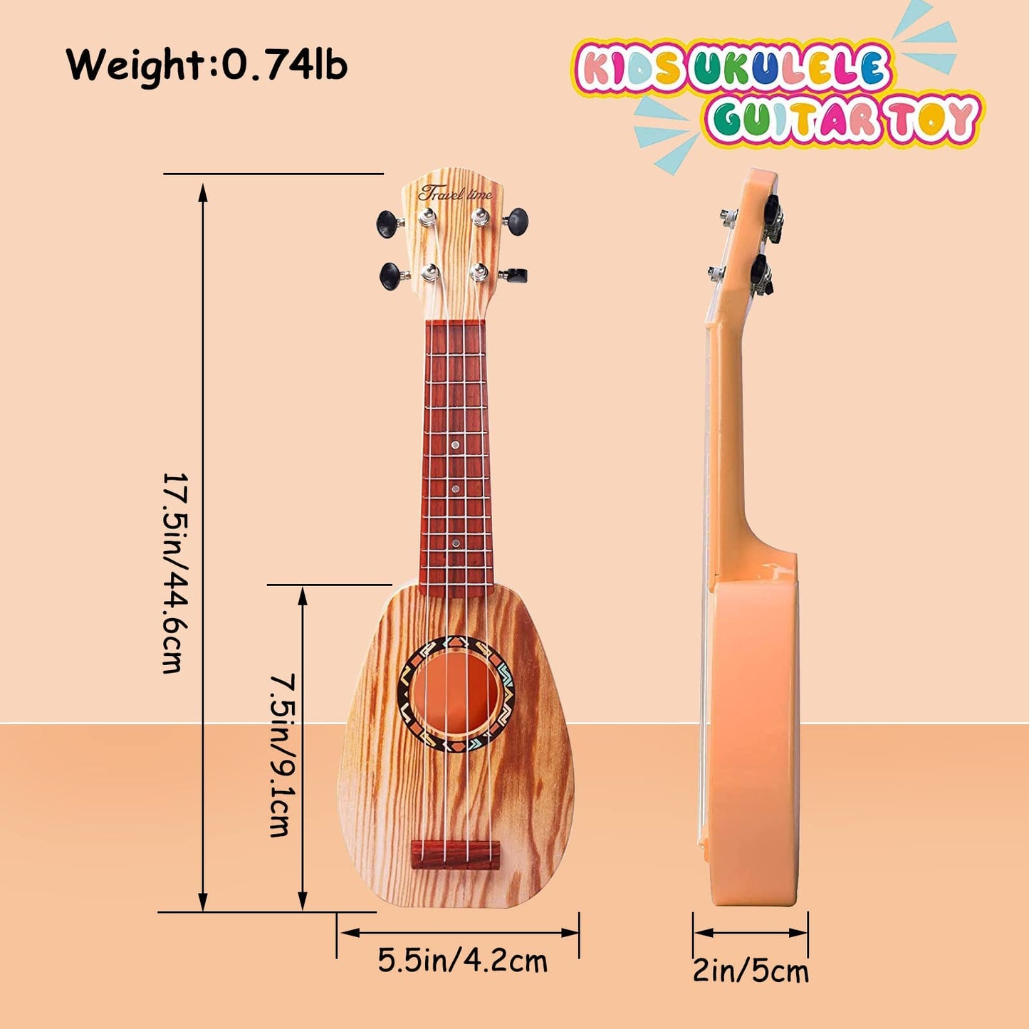 17 Inch Mini Guitar Ukulele Toy for Kids,Plastic Sear World Cartoon Children Educational Learn Guitar Ukulele with The Picks and Strap Can Play Musical Instruments Toys (Sprucewood)