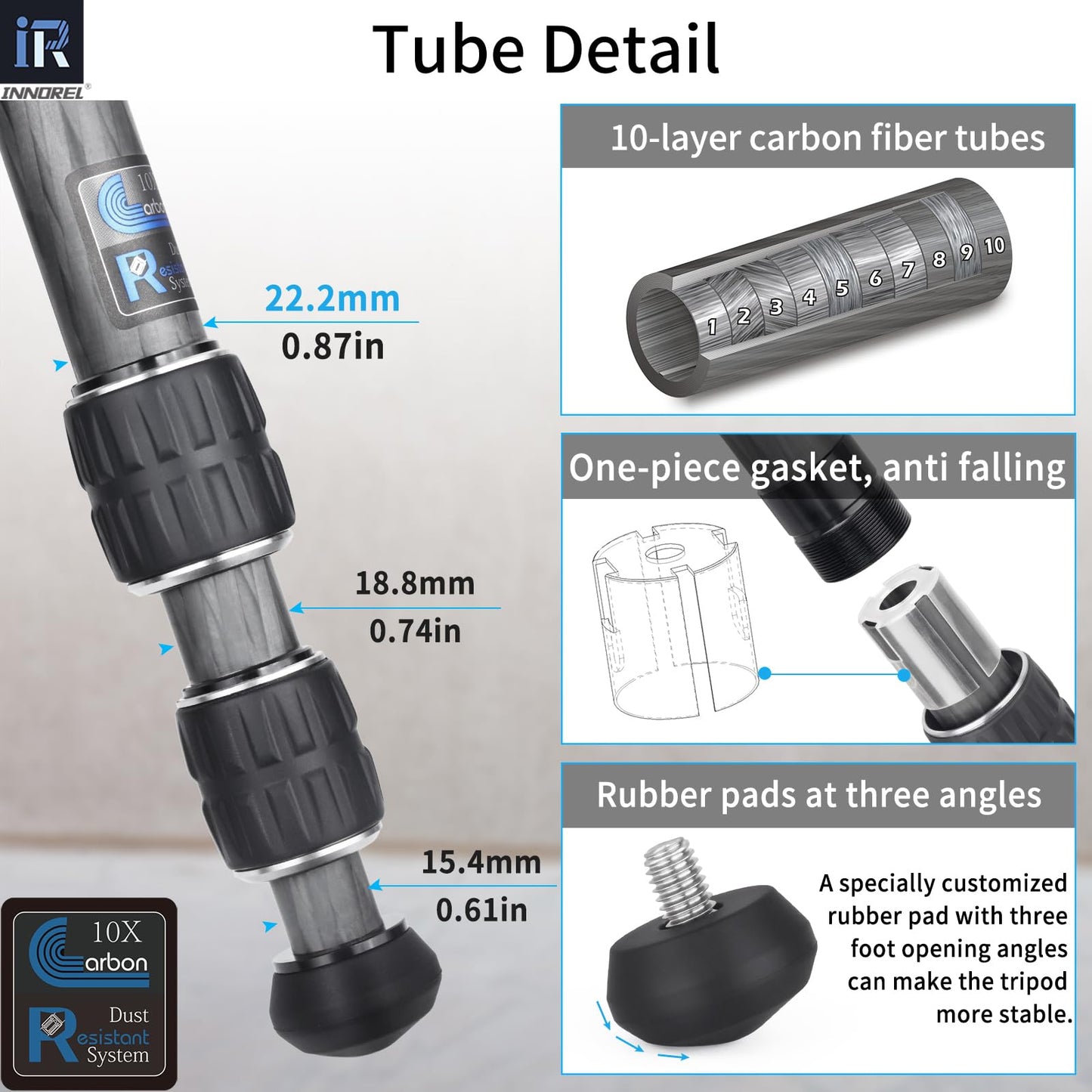 INNOREL 10-Layer Carbon Fiber Mini Tripod CT223C with 28mm Low Profile Ballhead & Center Column, Black, Tabletop Camera & Smartphone Tripod, Compact Portable, Max Load 22lb/10kg