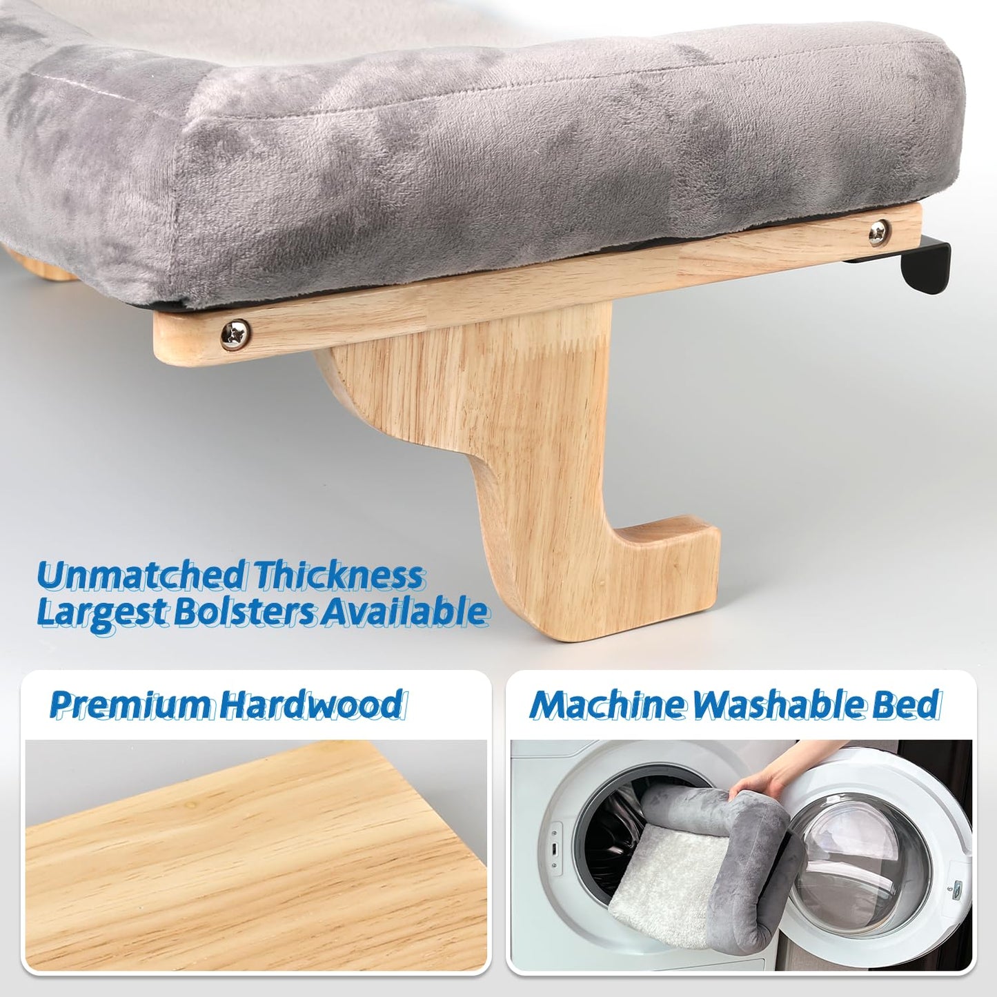 Zakkart Cat Perch for Window Sill with Bolster - Orthopedic Hammock Design with Premium Hardwood & Robust Metal Frame - Cat Window Seat for Large Cats and Kittens - Nartural Color Wood with Gray Bed