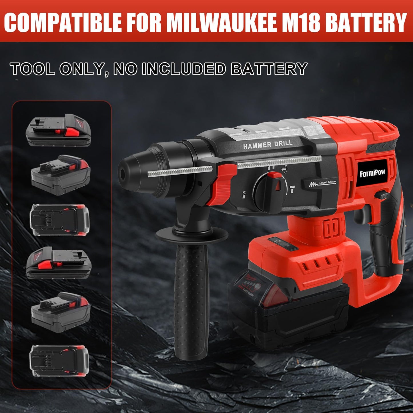 FormiPow SDS-Plus Rotary Hammer Drill for Milwaukee M18 Battery, 2.6J Impact Brushless Hammer Drill, 4 Mode Operation, 360° Rotating Cordless Hammer Drills with 5 PCS Drill & Chisel Set (No Battery)