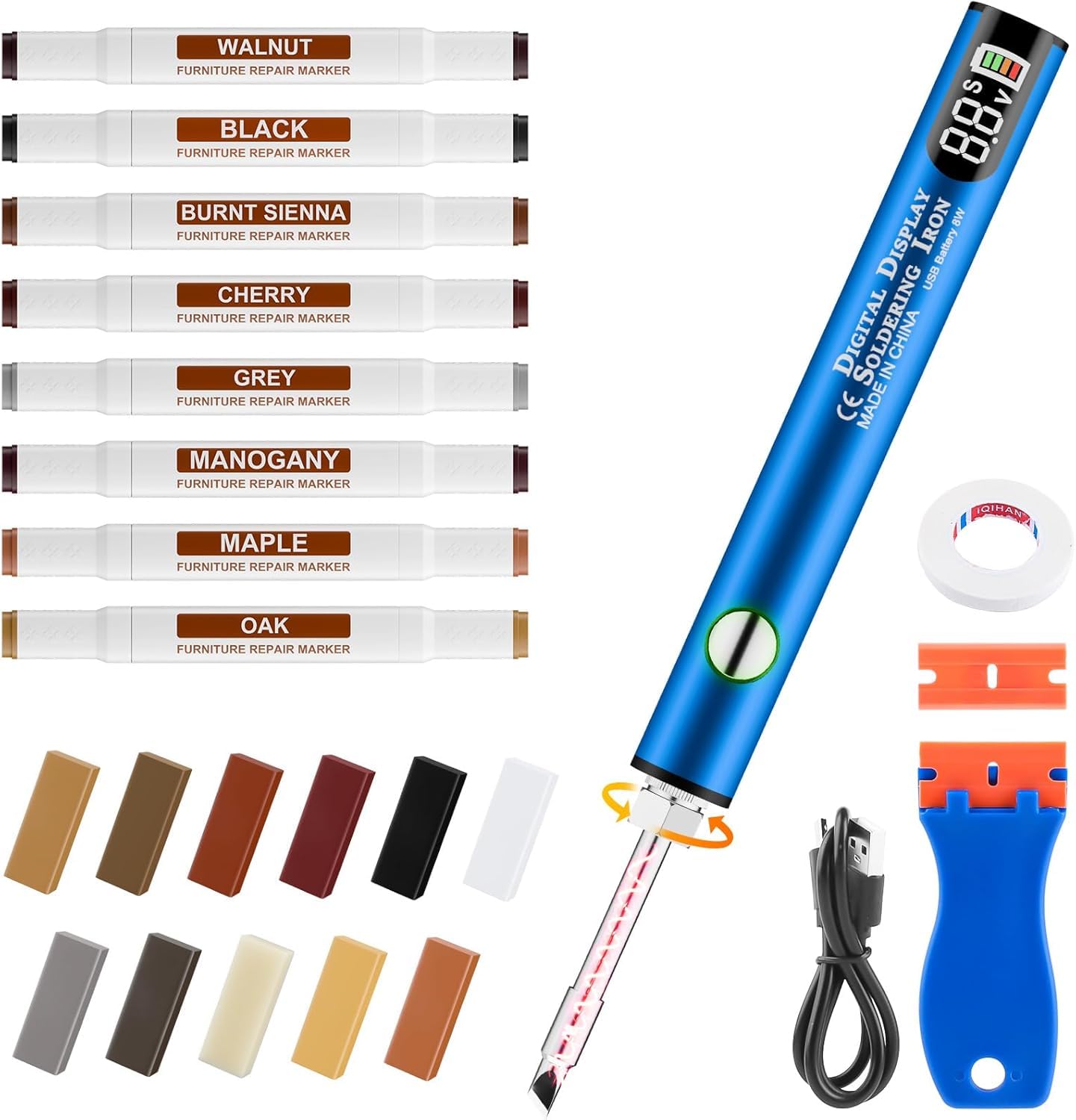 Vinyl Hardwood Repair Kit with Upgraded Heat Pen Display, Laminate Floor Repair Kit Hard Wax Wood Dual Tip Furniture Touch Up Marker Repair for Scratch, Stain, Crack, Hole, Cabinet, Door, Table