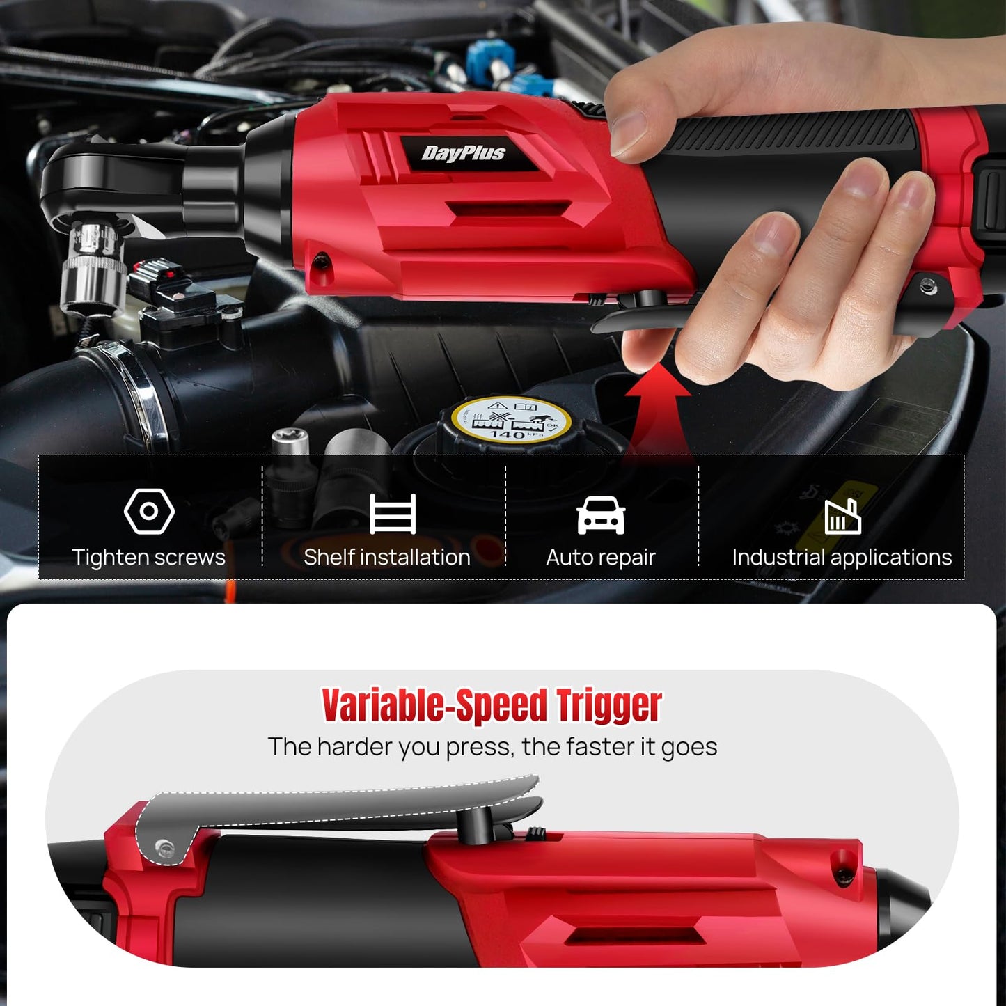 Cordless Electric Ratchet Wrench Kit, 0-2300 RPM 3/8 Inch Power Ratchet Wrench with Variable Speed Trigger 2X 1.5Ah Li-Ion Batteries, 7 Sockets, Fast Charge -Red