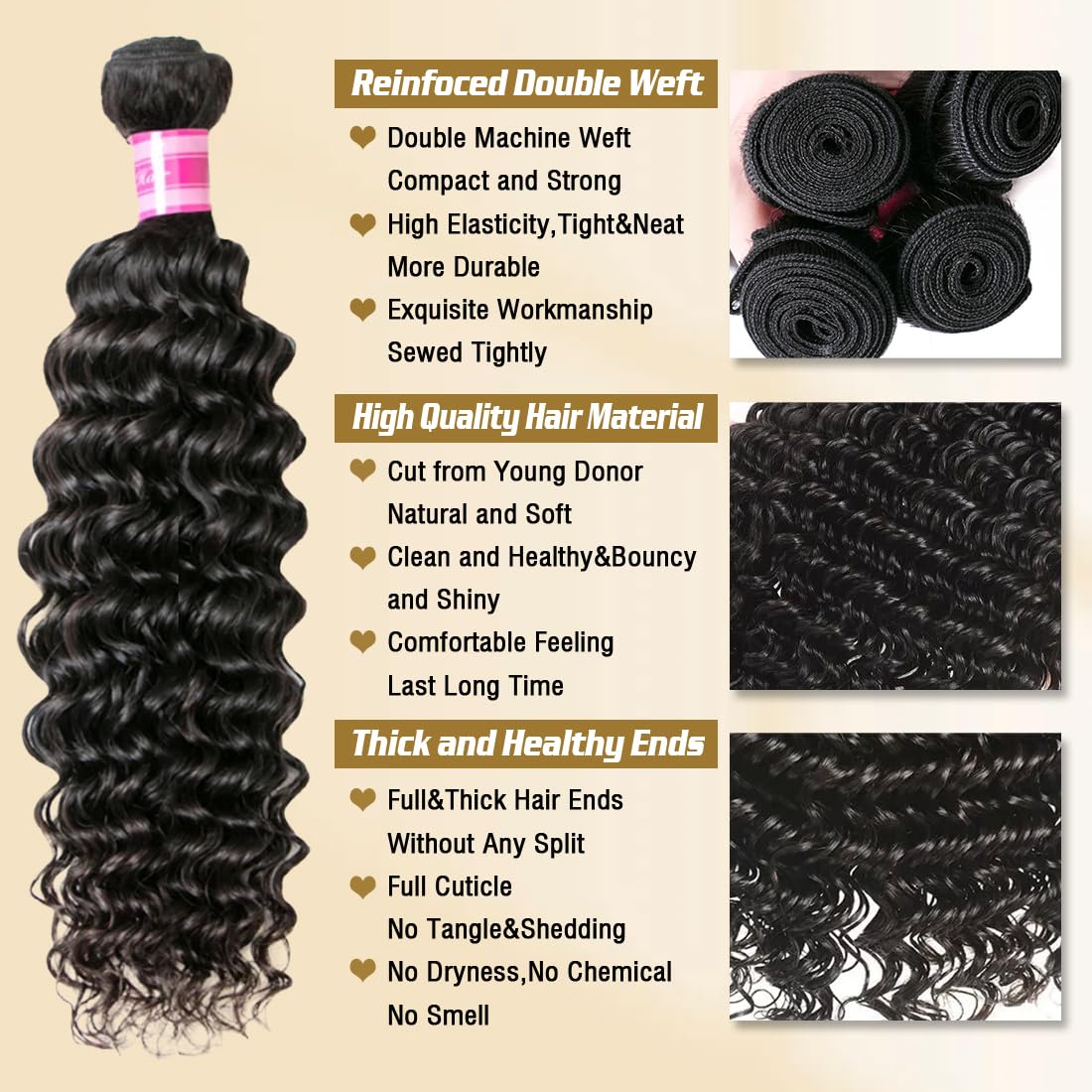 12A Human Hair Deep Wave Bundles(16 18 20 22 Inch)100% Unprocessed Brazilian Deep Wave Human Hair Bundles Wet and Wavy Bundles Hair Extension Sew In for Black Women Natural Color