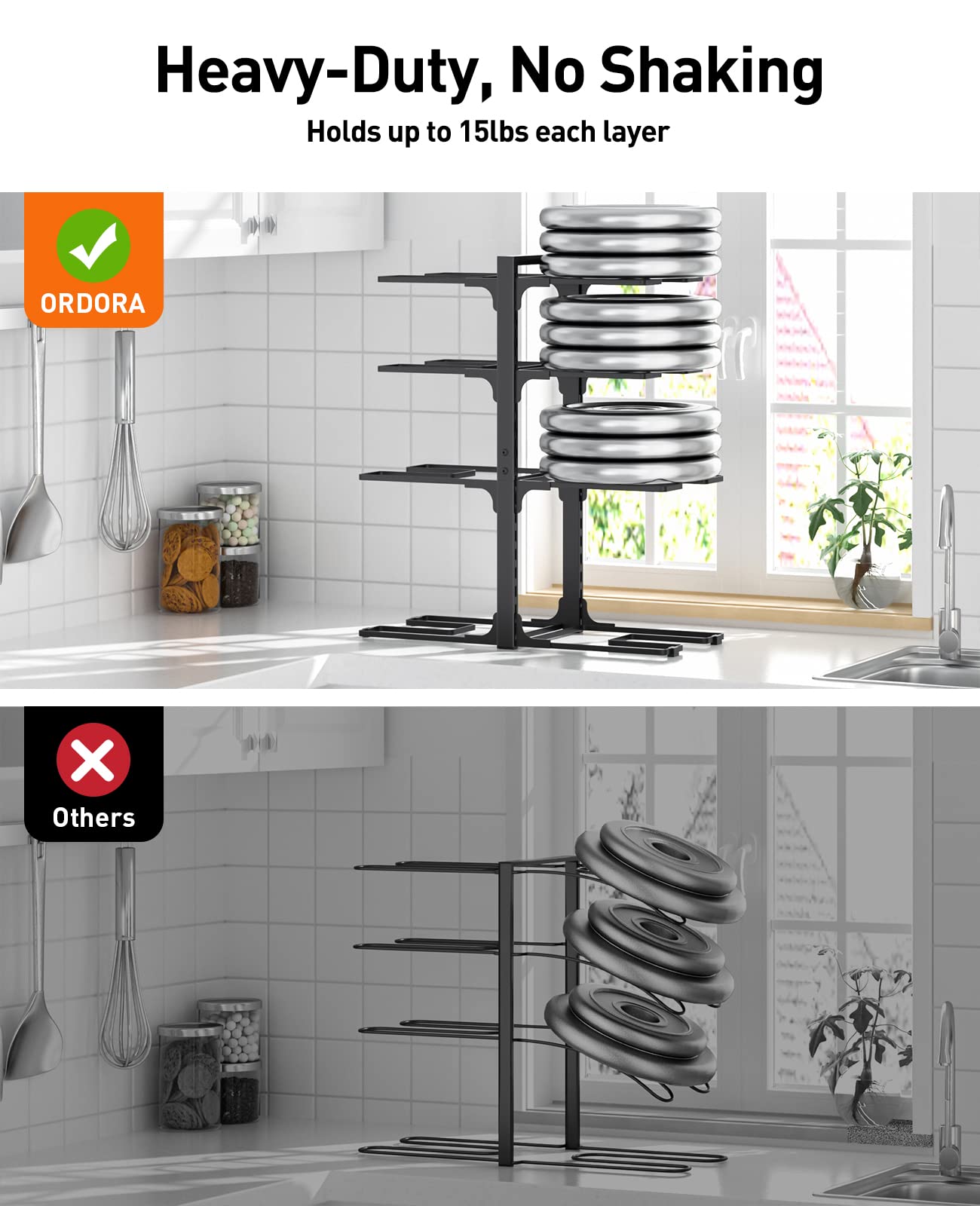 ORDORA Pots and Pans Organizer under Cabinet, 20.8" Height Heavy Duty 120LBS Pots Pans Organizer Rack for under Cabinet 8-Tier Adjustable for Big Stockpots, Dutch Oven, Cast-iron Pans, Heavy Cookware