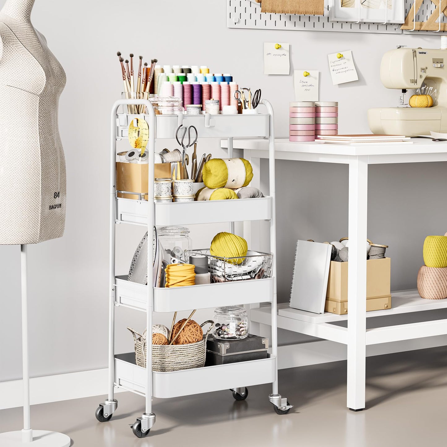 TOOLF 4-Tier Rolling Cart, Metal Utility Cart with Lockable Wheels, Storage Craft Organizer Serving Trolley Easy Assembly for Office, Bathroom, Kitchen, Kids' Room, Classroom, White