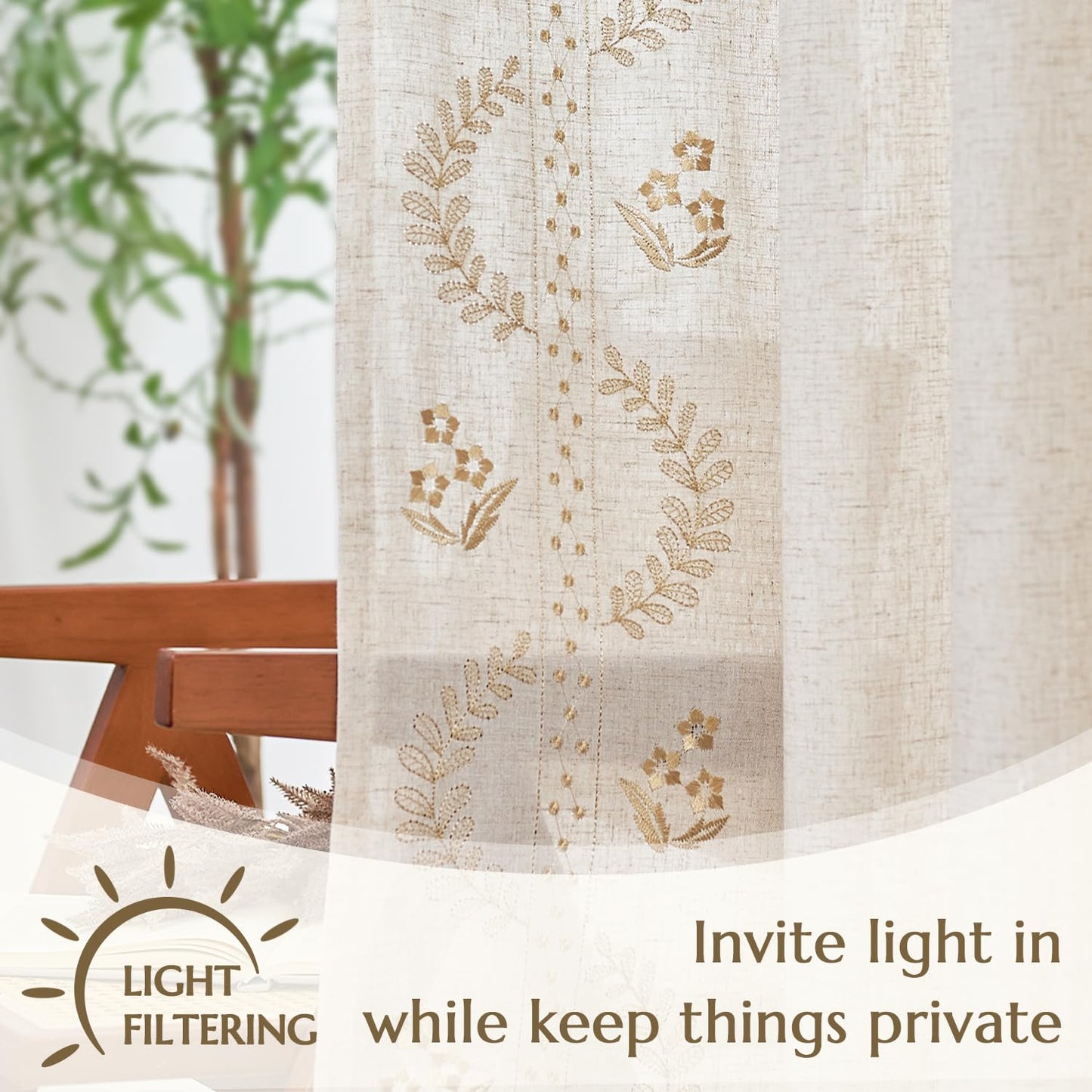 JINCHAN Linen Curtains for Bedroom Floral Curtains 84 Inch Length Linen Blend Beige Embroidered Drapes Farmhouse Flower Patterned Drapes for Living Room Window Treatments Set 2 Panels