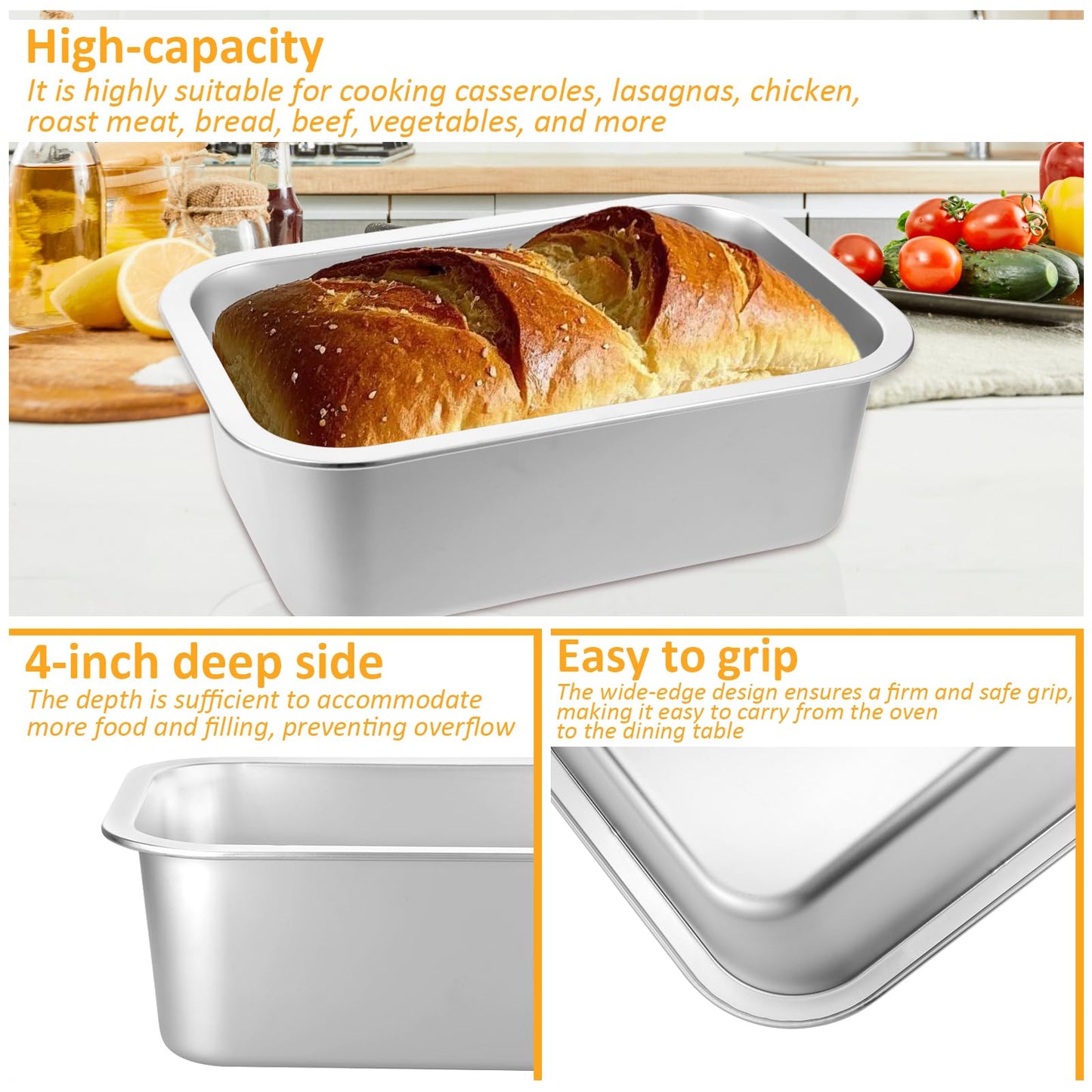 CODOHI 2 PACK 4 Inch Extra Deep Lasagna Baking Pan with Lid, 10.6x14.2 Inch 304 Stainless Steel Large Baking Dish Tray for Oven, Thick Metal Roasting Pan for Casserole Brownie Turkey (Silver, L)