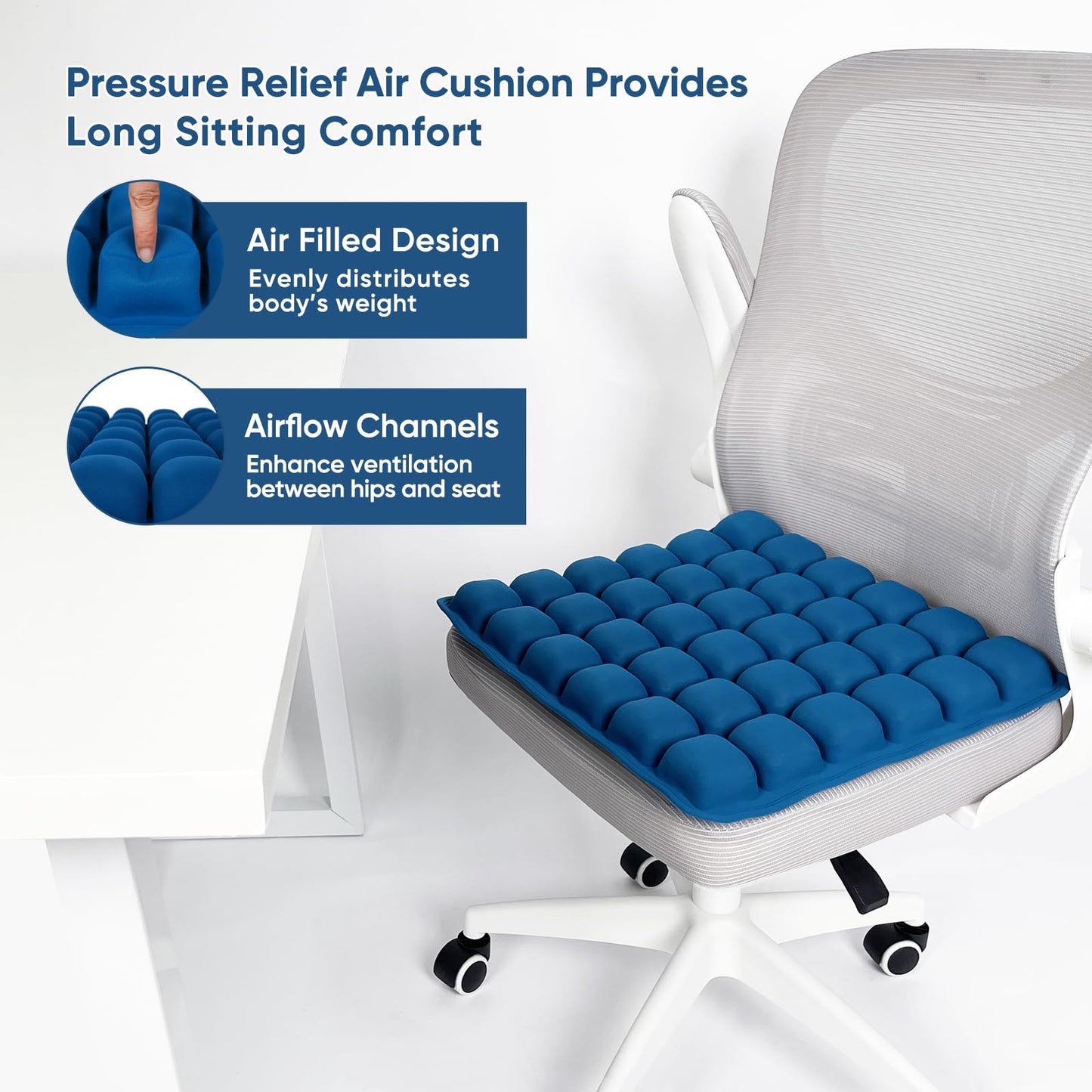 Hexara Ergonomic 3D Air Seat Cushion, Inflatable Airplane Seat Cushion for Long Flights, Travel Cushions for Office Chair, Car, Wheelchair, Adjustable Comfort with Built-in Air Pump(Blue)