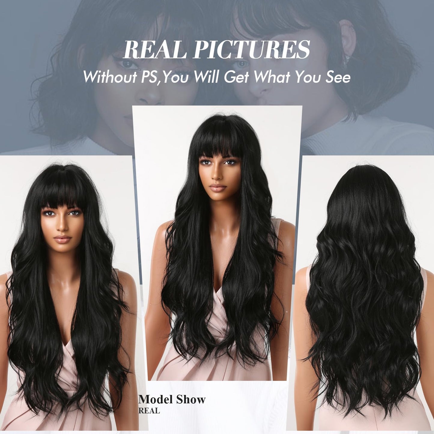 Black Wavy with Bangs Wigs for Women Long Curly Black Wig with Bangs Synthetic Wig