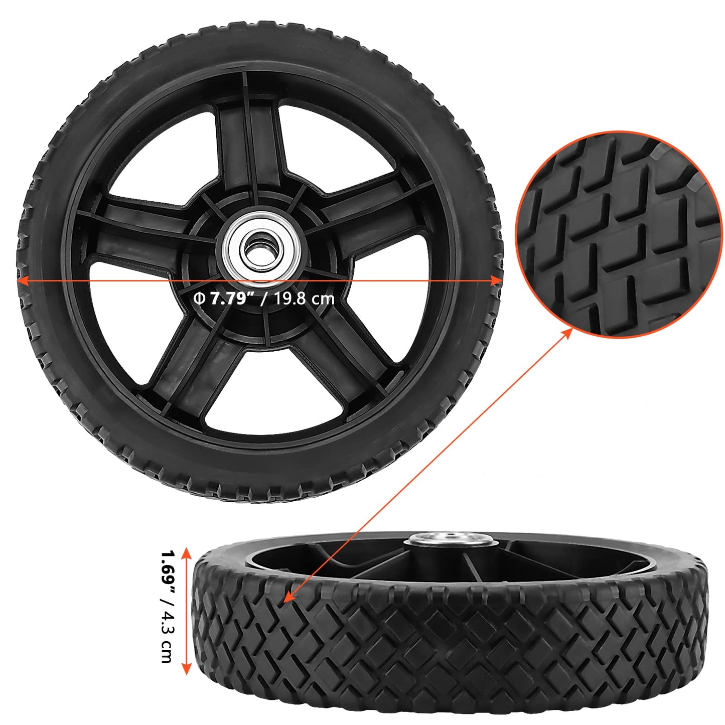 SINJEUN 4 Pcs Plastic Lawn Mower Wheel 8", Plastic Replacement Tires Spoked Tires for Hand Trucks, Push Lawn Mowers, Carts，1/2 Inch Bore