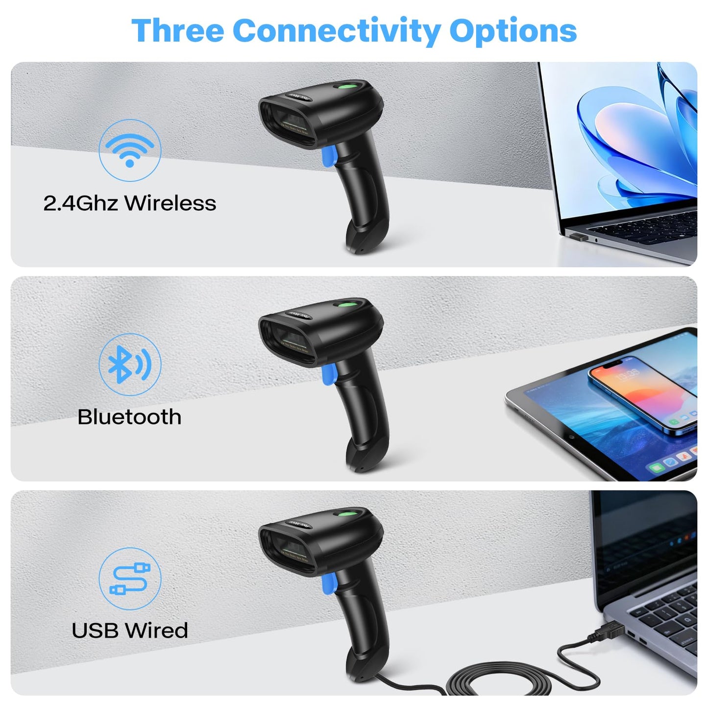 PecuMceu Bluetooth 1D&2D Barcode Scanner, 3-in-1 Bluetooth & USB Wired & 2.4G Wireless QR Barcode Reader, PDF417 Data Matrix Handheld Bar Code Scanner Work with Windows, Android, iOS (TM-10B)