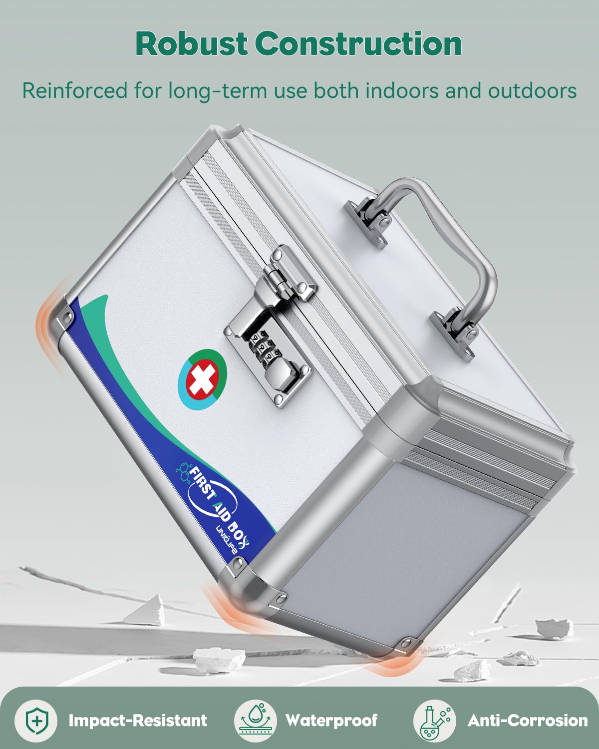 Uniclife Medicine Box Emergency Box with Combination Lock and Handle Metal Lockable Medicine Storage Box, 10" x 6" x 6.5"