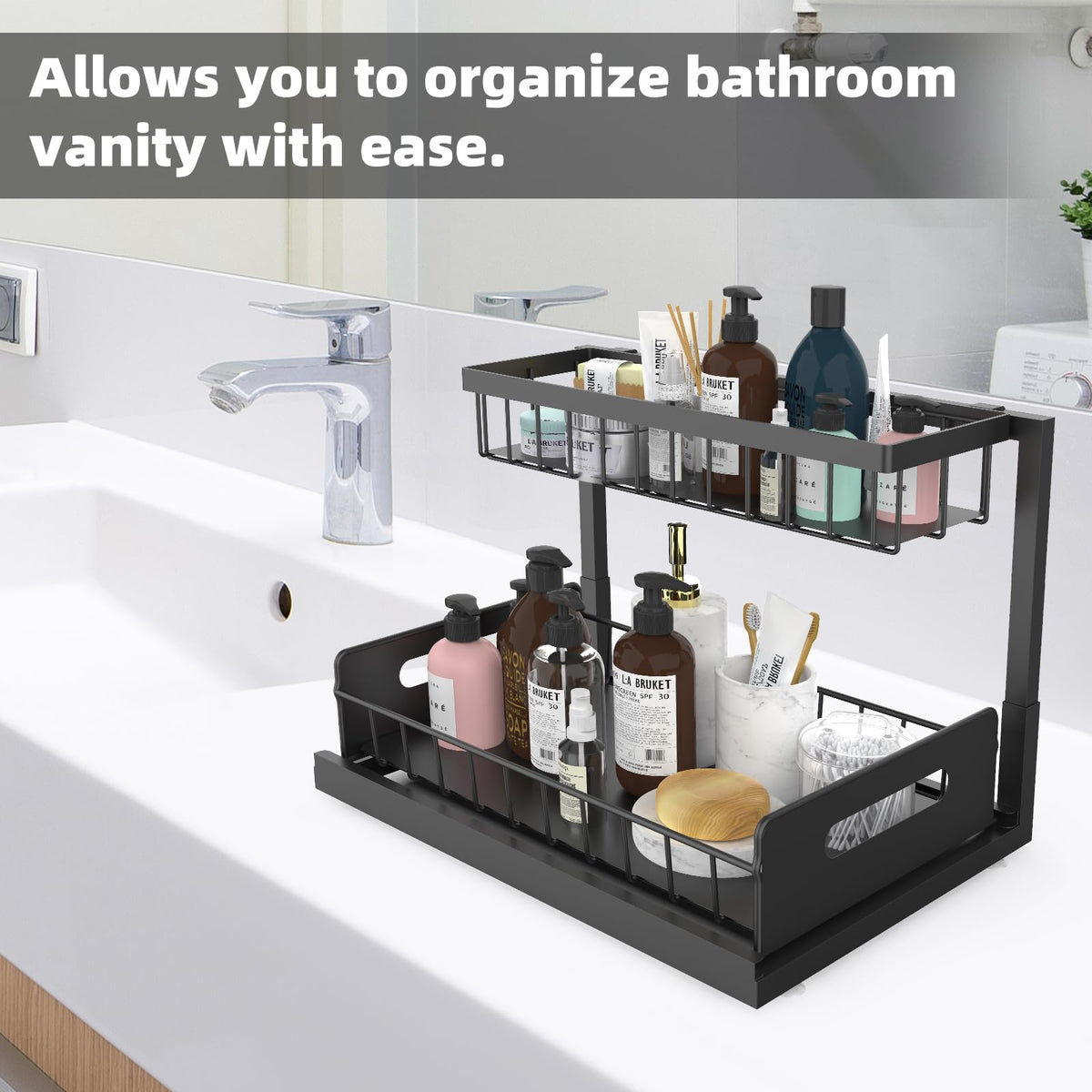 Under Sink Organizer 2 Pack, 2 Tier Rustproof Under Cabinet Storage, Sliding Kitchen Sink Organizer for Kitchen Bathroom