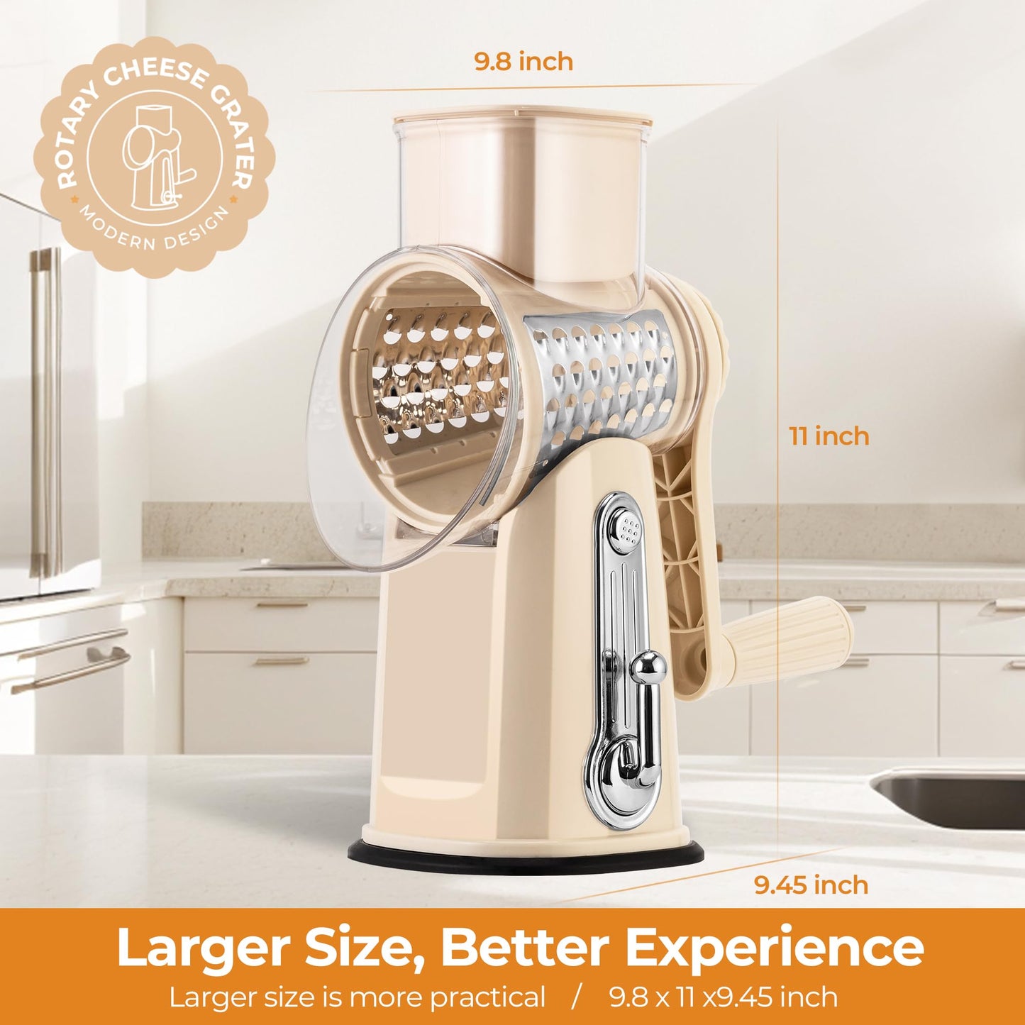 SUSTEAS Rotary Cheese Grater Hand Crank, 5-in-1 Vegetable Shredder, Including Non-Slip Suction Base, Easy to Clean and Use, Kitchen Shredder for Cheese, Cabbage, Carrots, Nuts | Beige