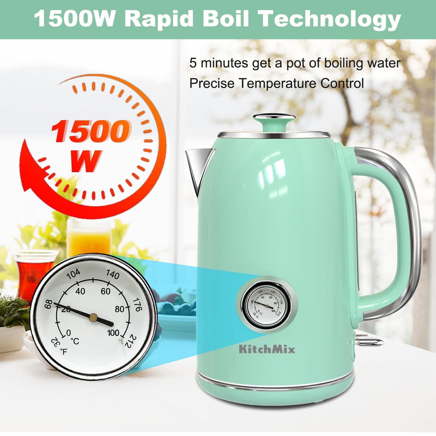 KitchMix Electric Kettle,1.7L Stainless Steel Tea Kettle with Thermometer,1500W Cordless Water Boiler with LED Indicator - Light Green