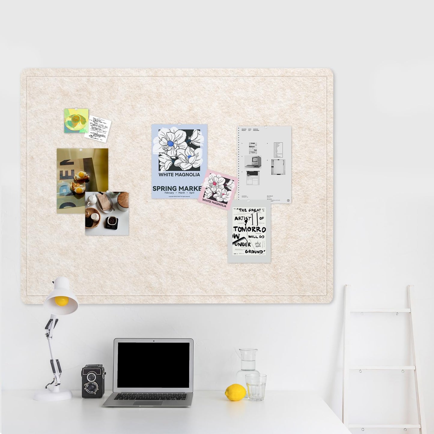 Lightomorrow Large Bulletin Board - 90 x 120 cm, Decorative Felt Pin Board for Wall - 4' x 3' Foldable Photo Display Board with Self-Adhesive Tape, Includes 20 Push Pins - Oatmeal