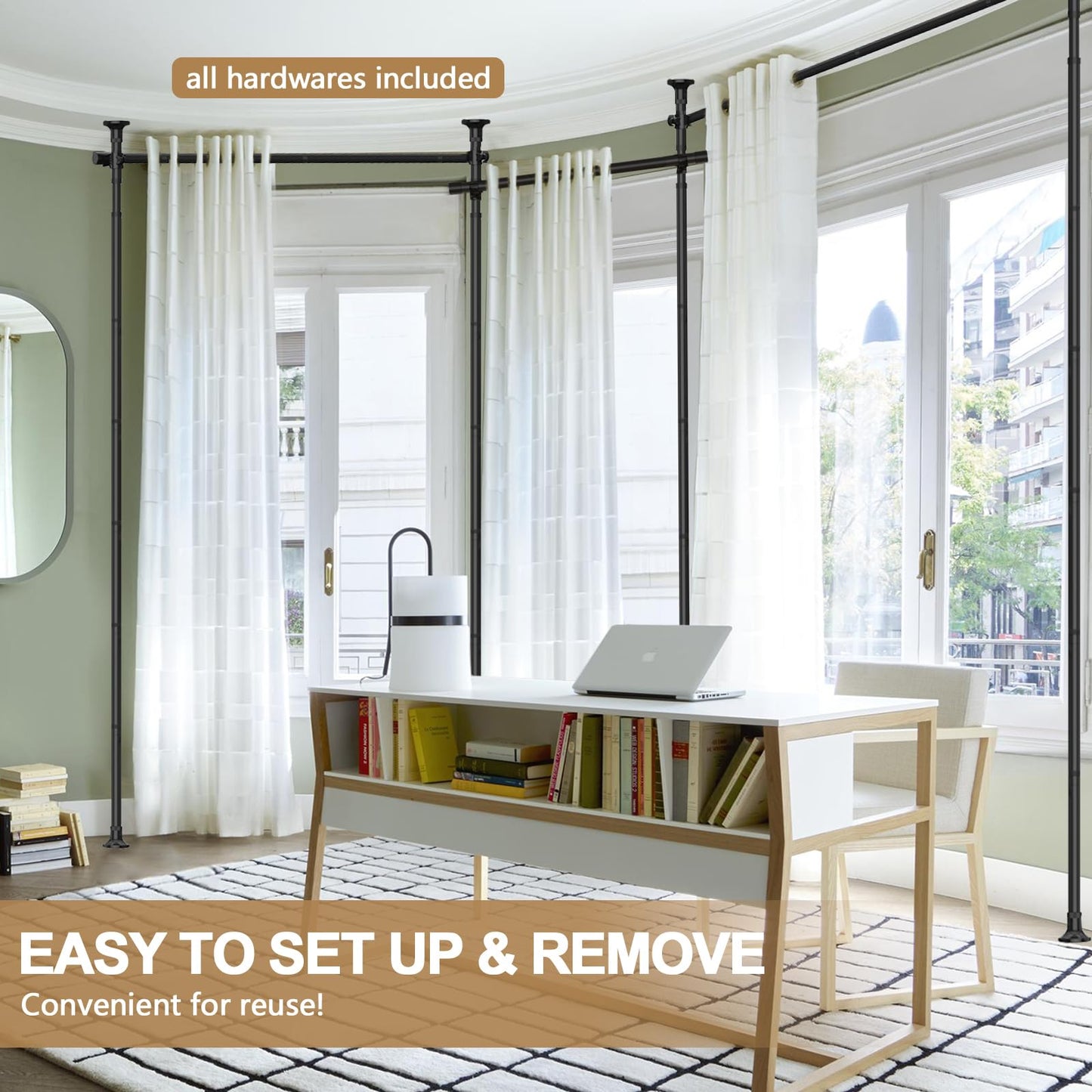 Room Divider Curtain Rod, 28-171inch(W) 4-10ft(H) Adjustable Curtain Rod divider for Room Separation, Heavy Duty Floor to Ceiling Wall Divider Hanging Room Dividers Partition Space Separator Black