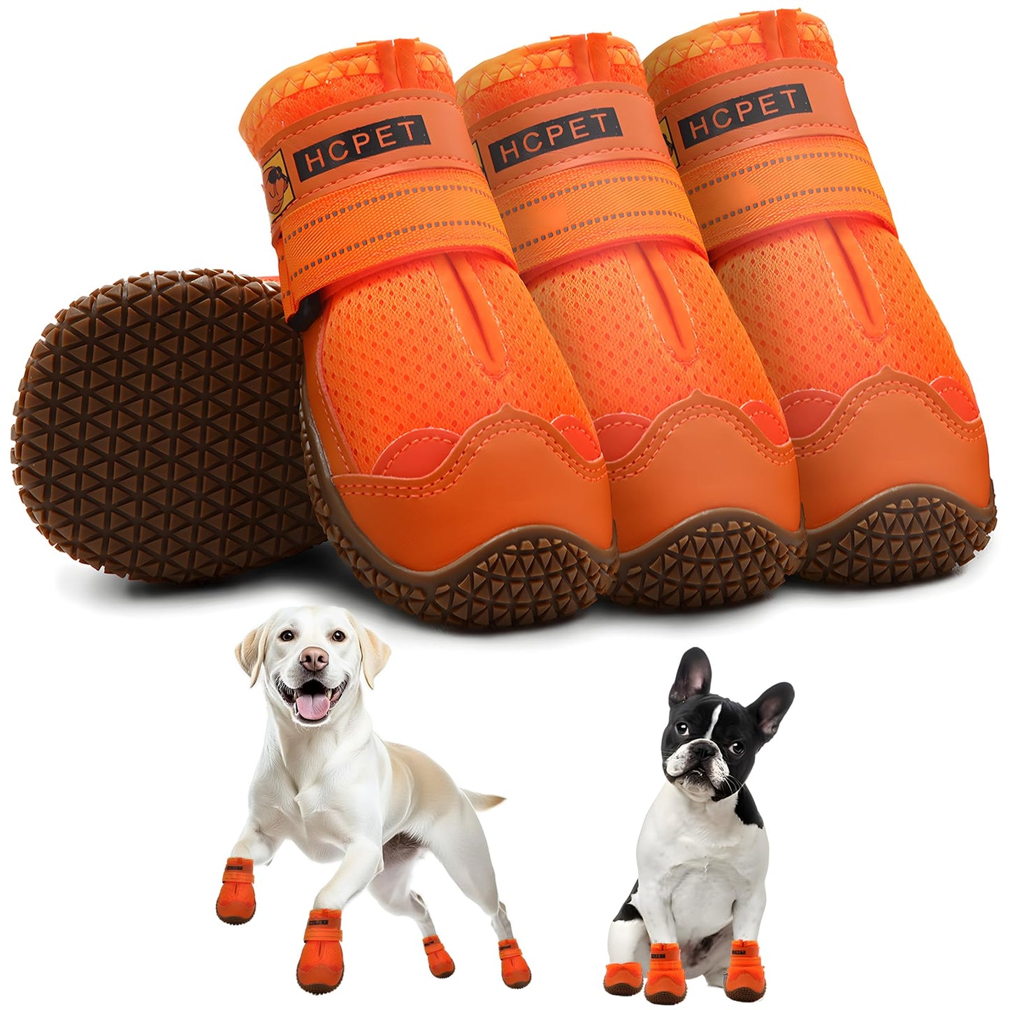 Hcpet Dog Shoes for Large Dogs, Breathable Dog Booties for Small Medium Dogs, Anti-Slip Dog Boots & Paw Protectors for Hot Pavement Winter Snow Hiking with Reflective Straps Orange Size 4