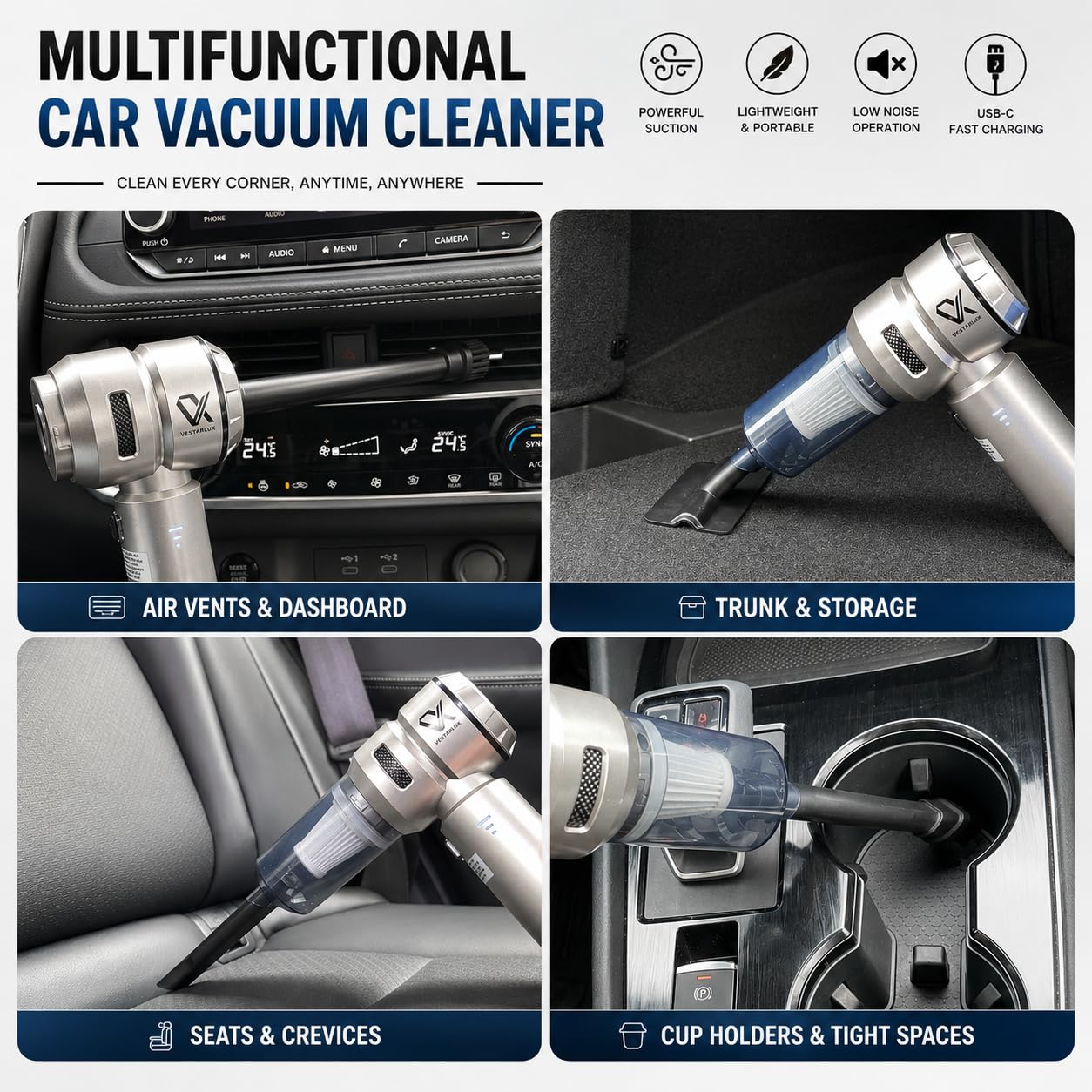 VESTARLUX Cordless Handheld Car Vacuum Cleaner – Powerful 25000PA Suction, 3-Speed Brushless Motor, Mini Portable 4-in-1 Vacuum & Blower for Car Interior, Pet Hair