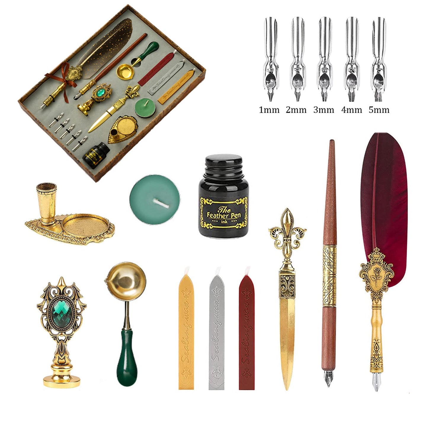 VolkRose Quill Pen and Ink Set, Calligraphy Feather Pen Set with Dip Pen, 5 Replaceable Nibs, Ink, Wax Seal Stamp, Wax Seal Stick, Tea Waxes, Envelope Opening Tool, Art Gift for Writing Drawing