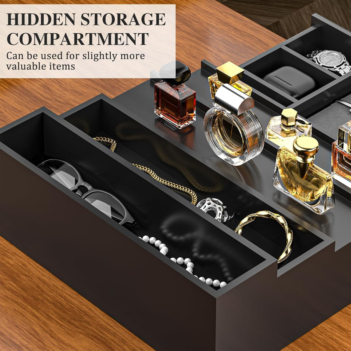 Wooden Cologne Organizer for Men 4 Tier of Elevated Cologne Display Shelf with Drawer Storage Perfume Organization and Storage Display Risers,Great Gift for Man (Black)