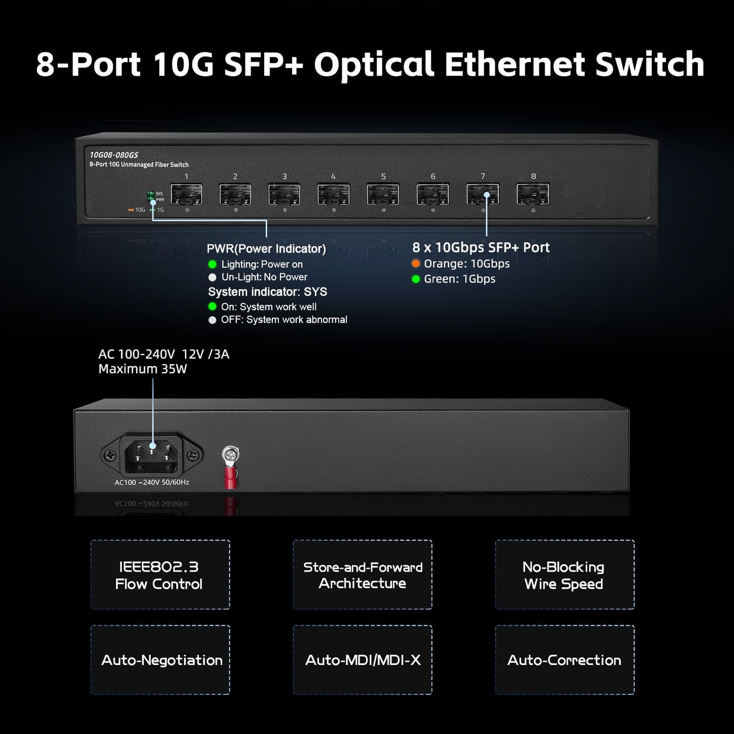 Binardat 8 Port 10 Gigabit Fiber Switch, 8x10G SFP+ Slot, Support 1G/10G, 160Gbps Bandwidth, Unmanaged Metal Desktop|Rackmount Network Switch