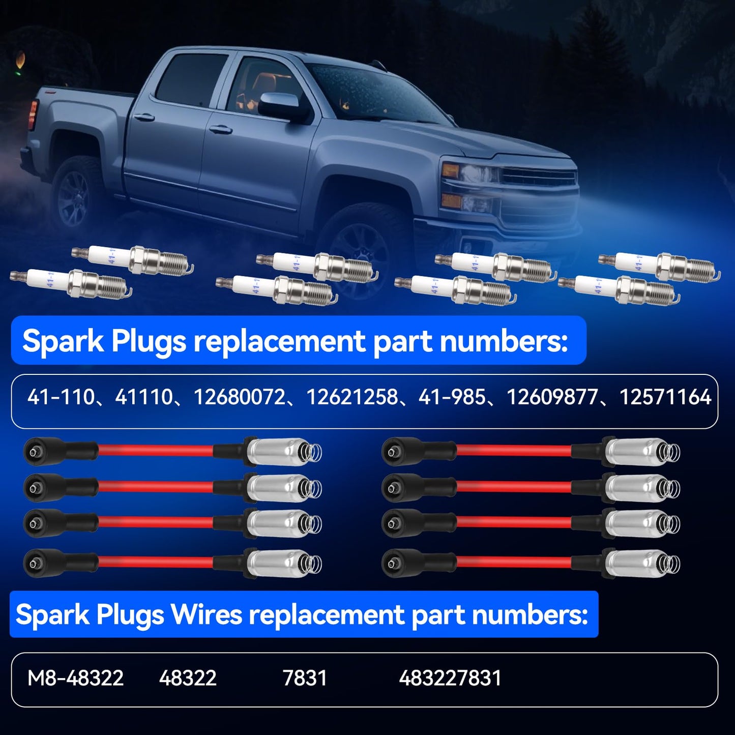 Spark Plug Wires & 41-110 Iridium Spark Plugs Compatible with 2000-2013 Chevy Silverado Suburban GMC Sierra Yukon Express Savana Cadillac Escalade 4.8L 5.3L 6.0L 6.2L V8 LS Replace for 41-162 9748HH