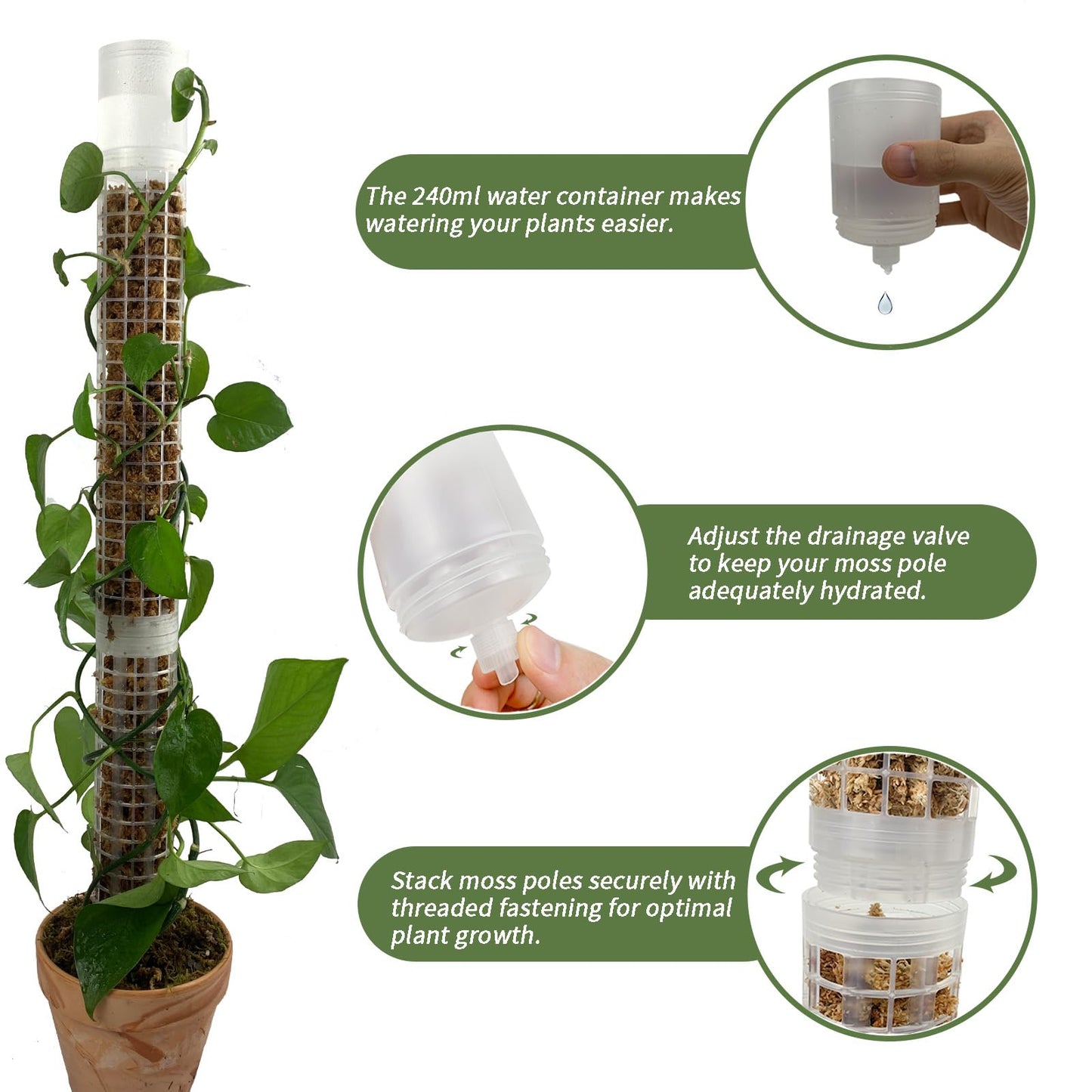 JEGU Moss Pole, Self-Watering Moss Pole for Plants Monstera, 17.4 Inch Height, Stackable Design with Monstera Plant Support - Ideal Moss Poles for Climbing Plants. (4, White)