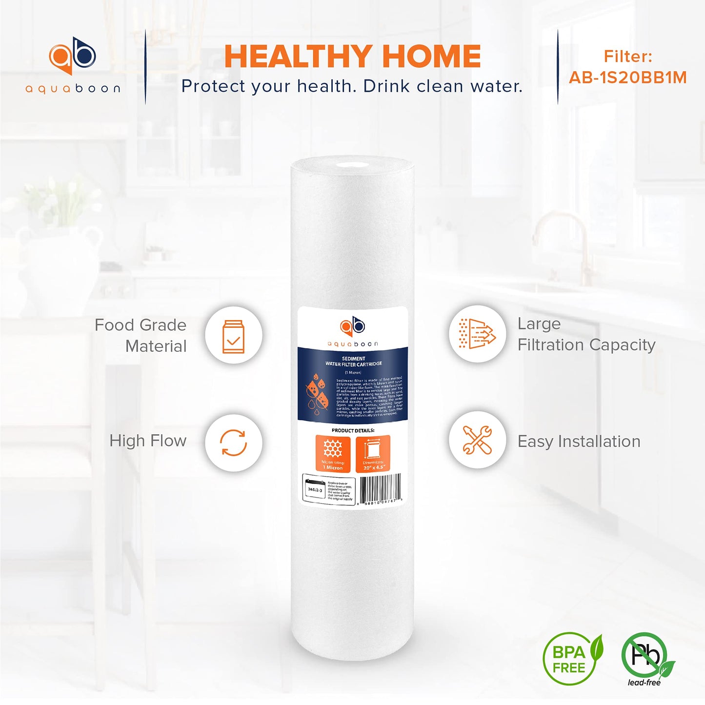 Aquaboon 1 Micron Well Water Filter Replacement 20 x 4.5 Whole House Sediment Filter Cartridge Compatible with DGD-5005-20, FP25B, AP810-2, 2-Pack