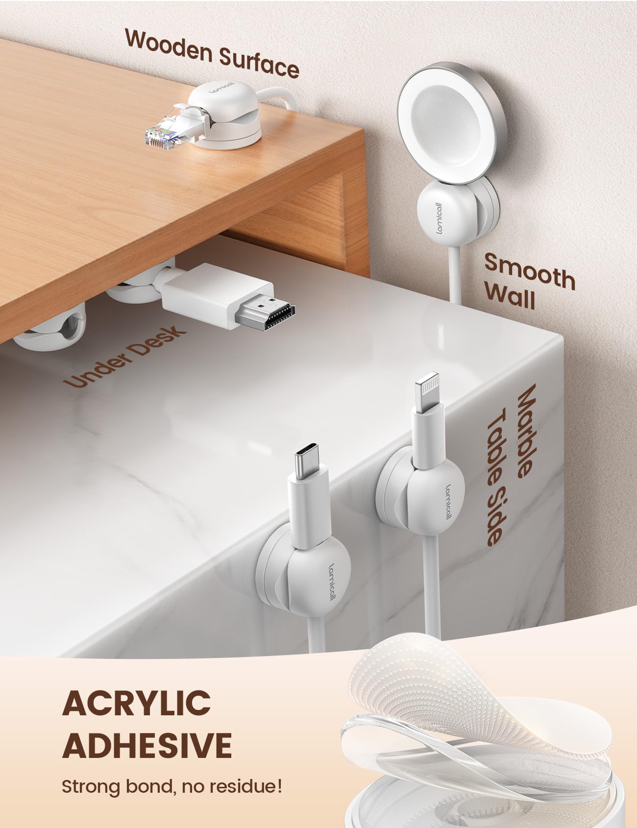 Lamicall 12 pcs Rotatable Cable Spring Organizer Clips Holder Cable Management, White, Mom Gift