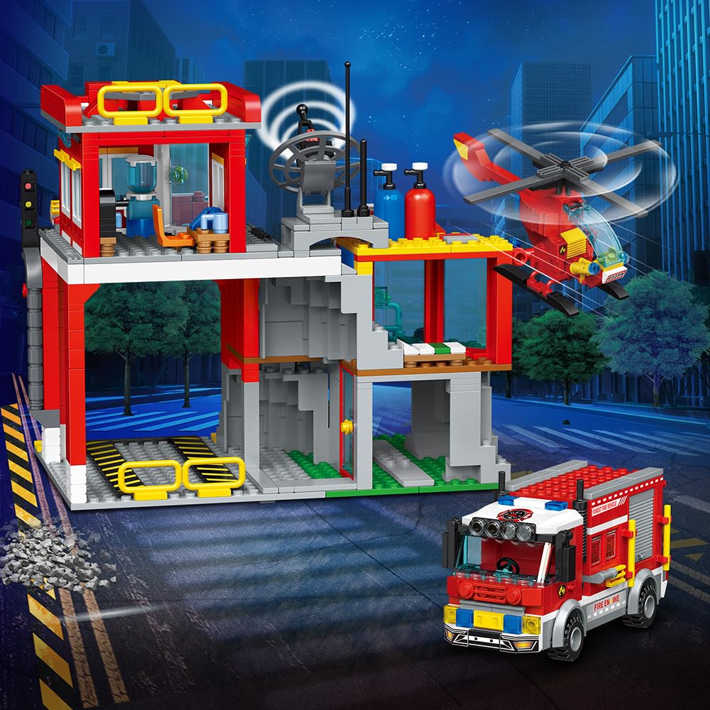City Fire Rescue Building Set with Fire Station, Truck & Helicopter,737pcs Toy Gift for Boys 8+