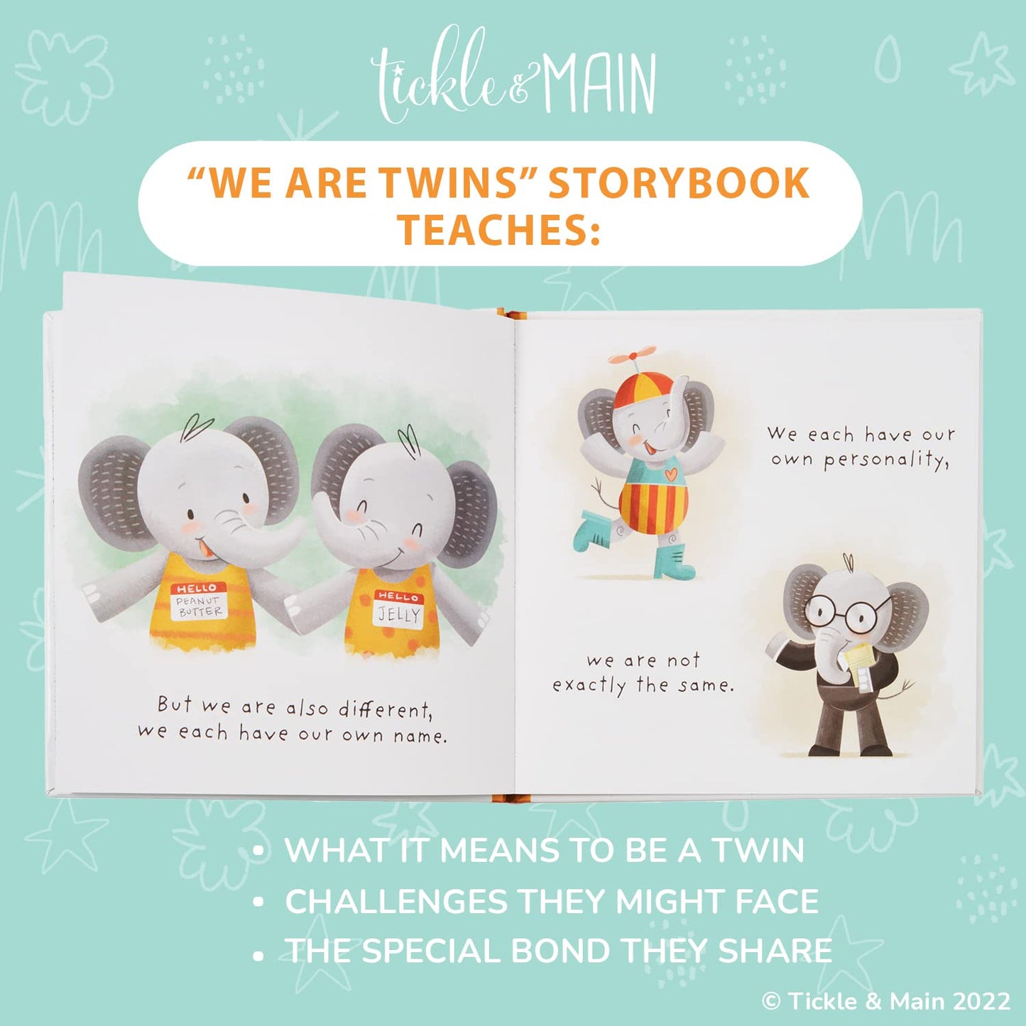 Tickle & Main, We are Twins - Baby and Toddler Twin Gift Set- Includes Keepsake Book and Set of 2 Plush Elephant Rattles for Boys and Girls. Perfect for Newborn Infant
