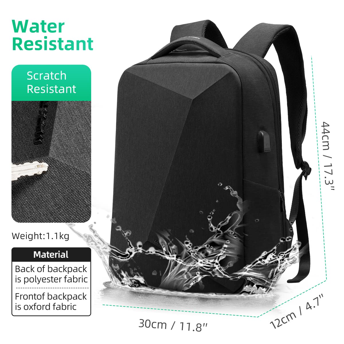MARK RYDEN Anti Theft Backpack with TSA Approved Lock and Scratch Resistant Shell, Waterproof Travel Backpack, USB Laptop Backpack for Men Fits 15.6 Inch Notebook, Black, 11.8 x 4.7 x 17.3 inch,
