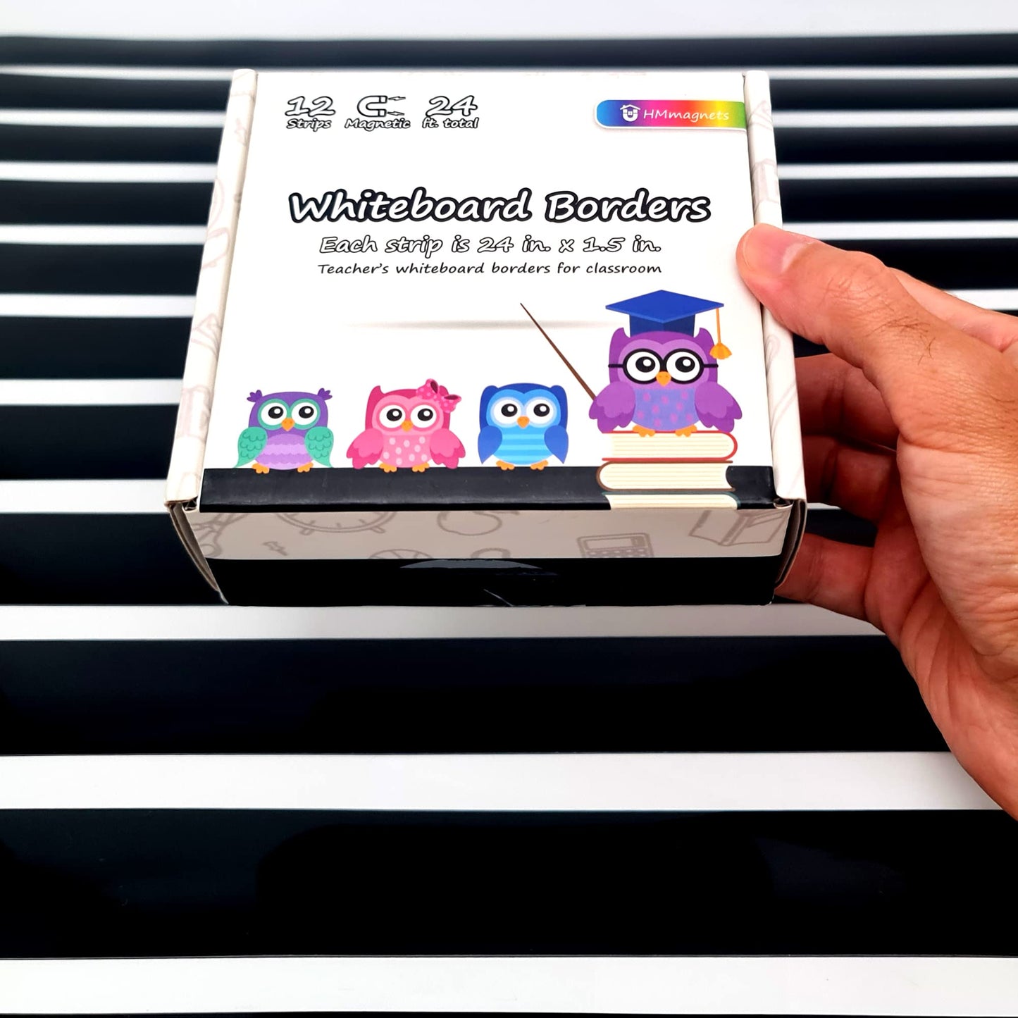 Strong & Wide Magnetic Borders for Classroom Whiteboard - Visible Magnetic Strips for Teachers (4 Designs Available) | Straight Plain - Black | 12 Strips of 1.5X24 Inch - 24 Feet Total