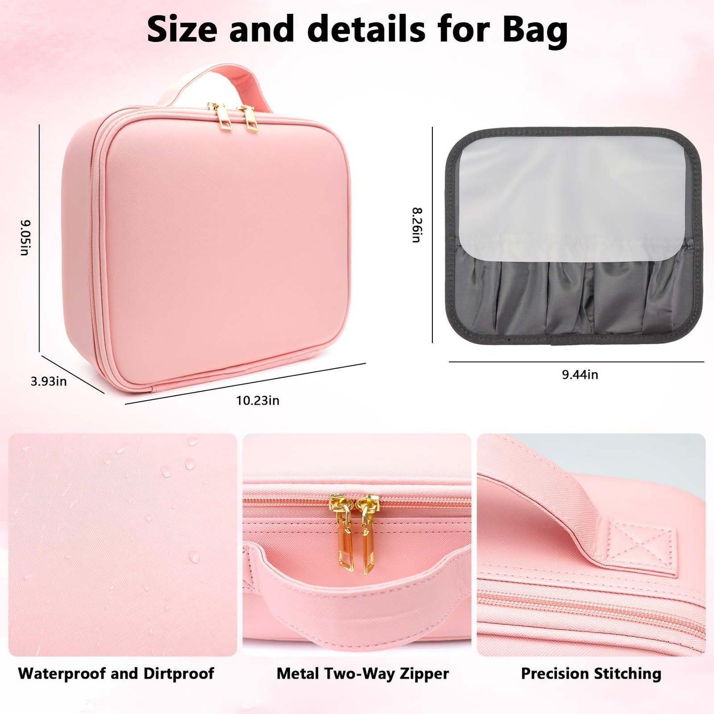 SLUMAZI Makeup Bag with LED Mirror Travel Makeup Organizer with 3 Lighted Settings, Adjustable Dividers and Makeup Brush Storage Bag Pink