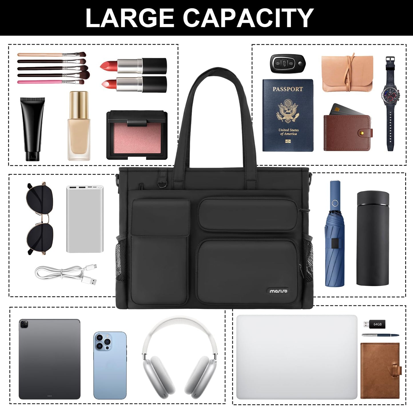 MOSISO Laptop Tote Bag for Women, 15-16 inch Laptop Bag for Men, Large Capacity Work Tote Shoulder Bags with Trolley Sleeve&Cup Holder&Strap inside Teacher Work College Business Office Travel, Black