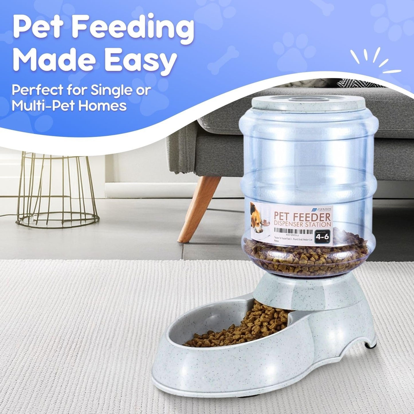 Flexzion Gravity Dog Feeder, Automatic Replenish Large Dog Food Dispenser, Non-Skid, Easy-Clean, Large Capacity Dry Food Storage Bowl for Large Pet, 1 Gallon